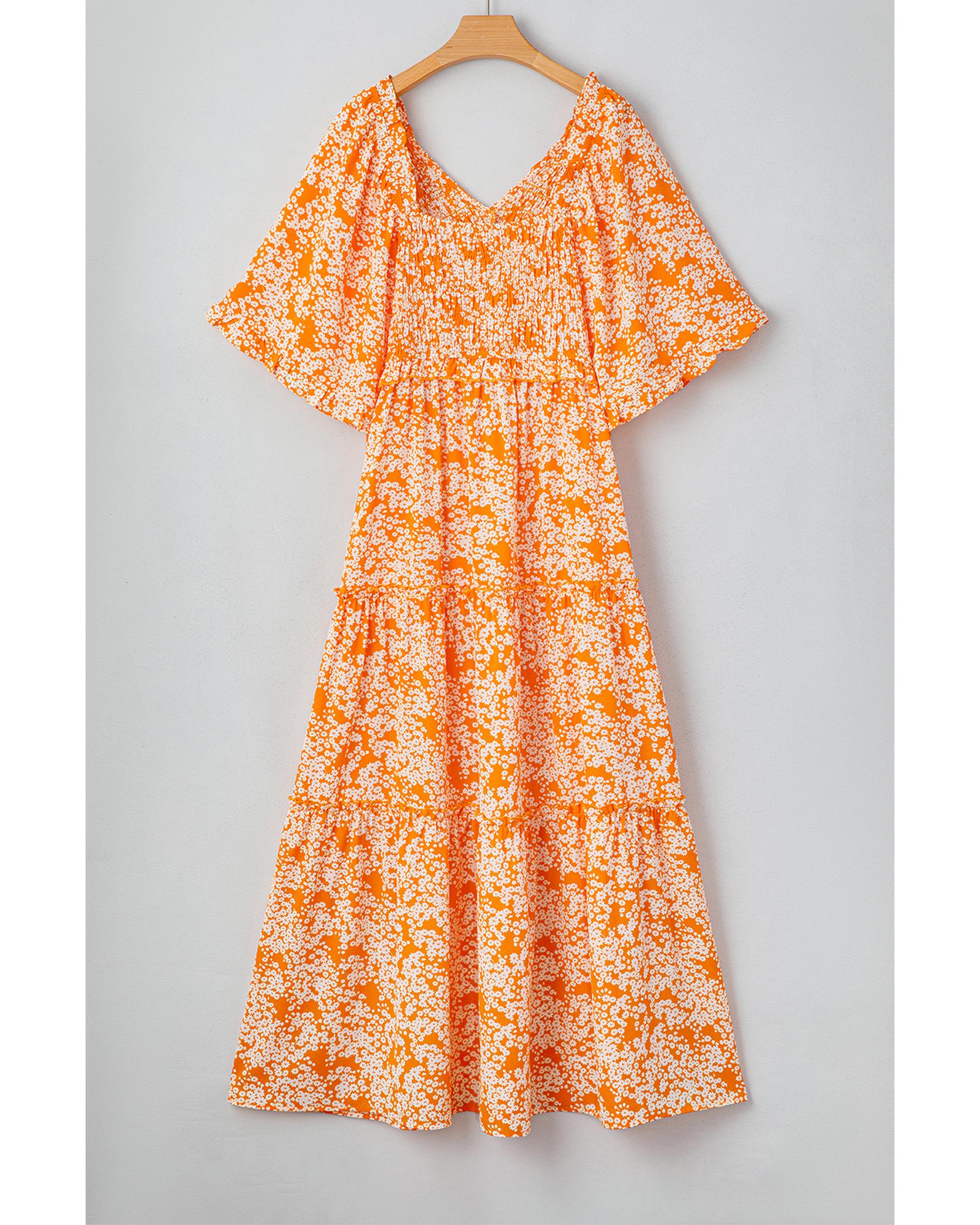 Orange Floral Print Smocked V Neck Wide Sleeve Maxi Dress - S 7