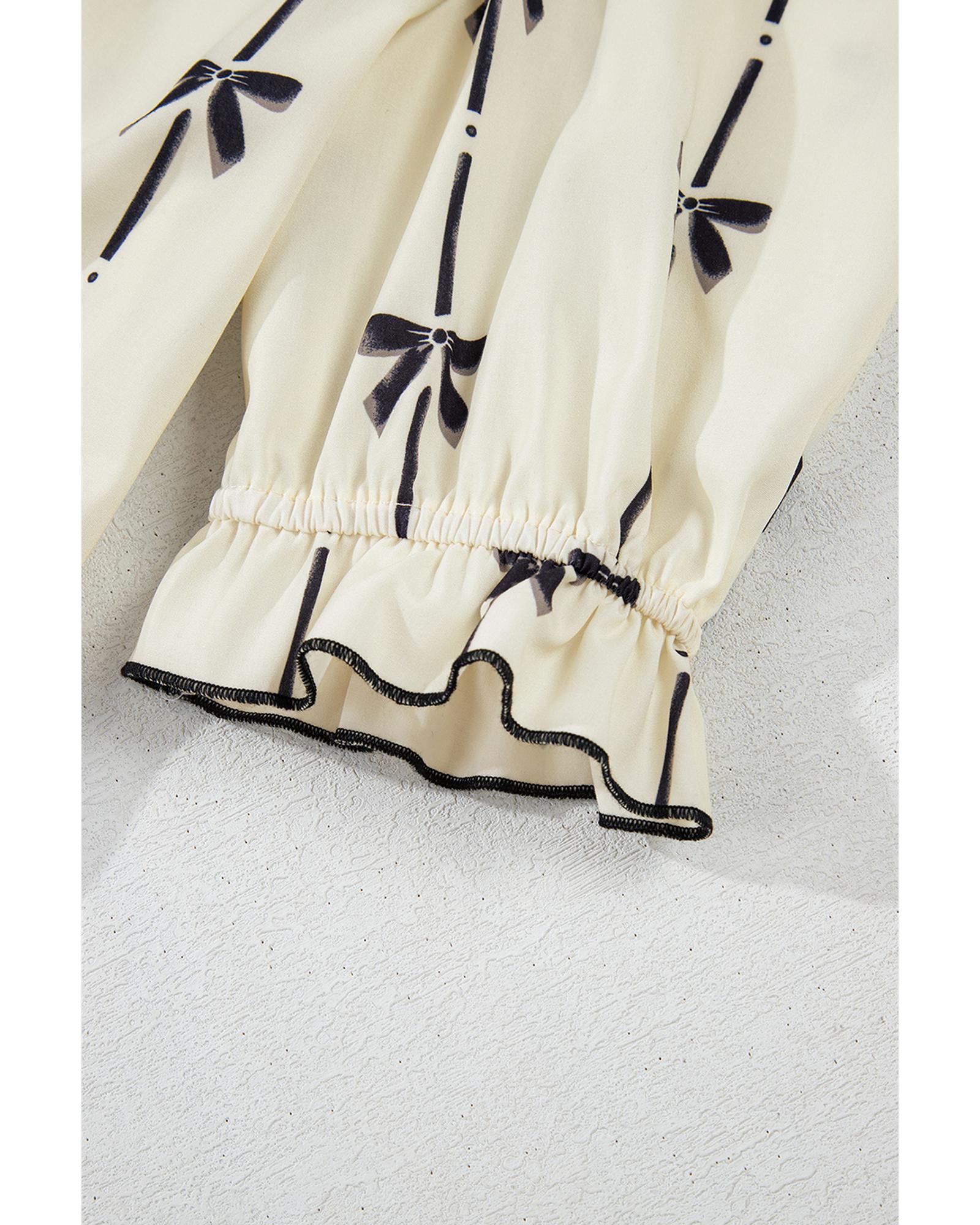 Beige Cute Bowknot Printed Bubble Sleeve V Neck Mini Dress - L 5