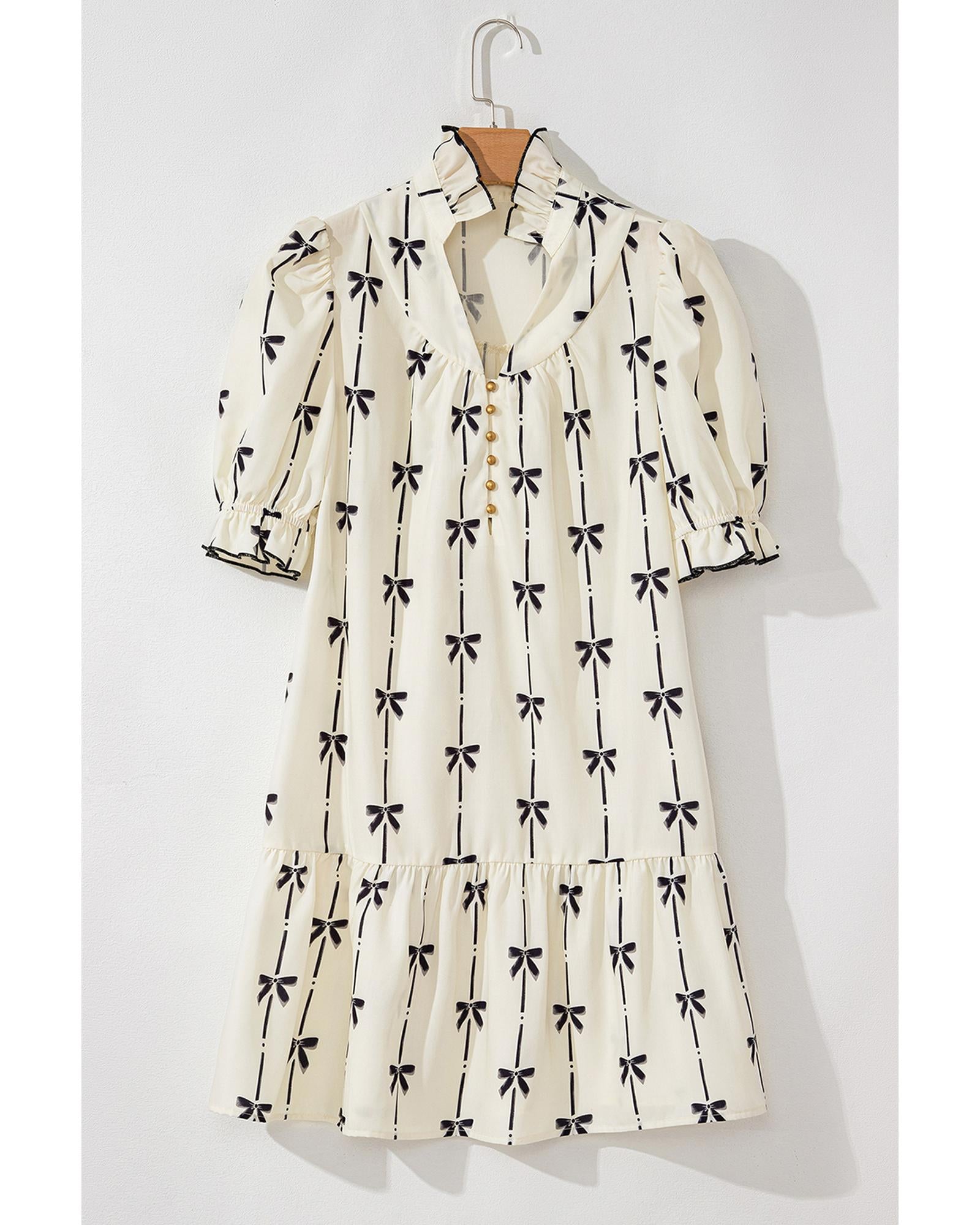 Beige Cute Bowknot Printed Bubble Sleeve V Neck Mini Dress - L 7