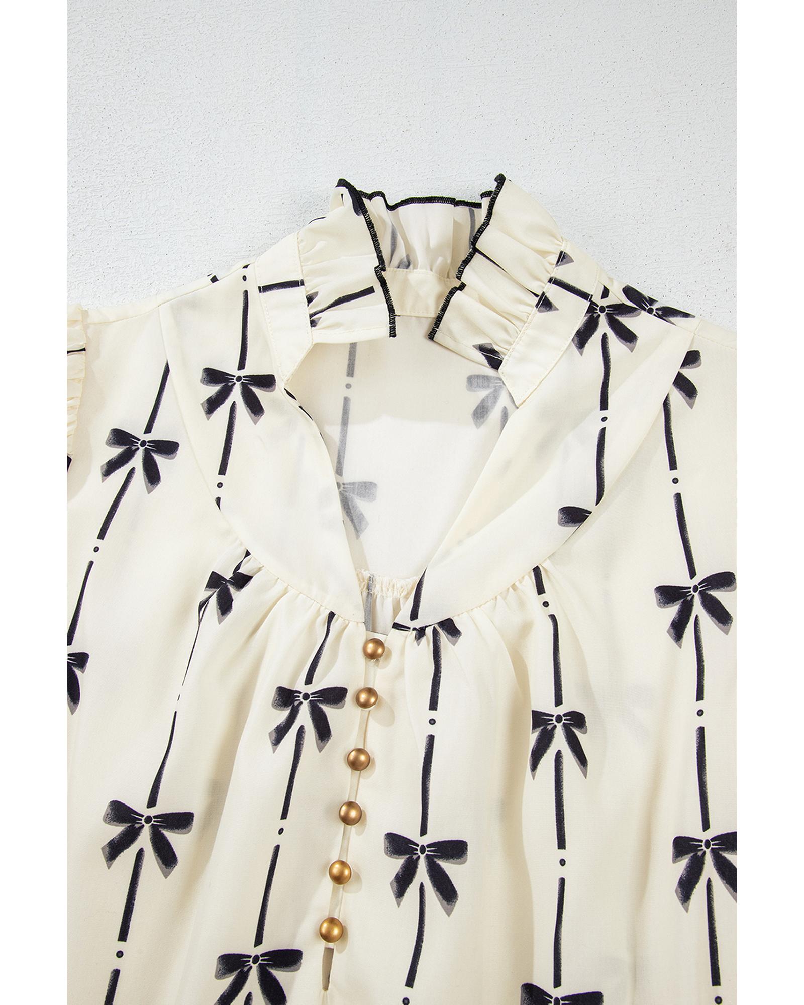Beige Cute Bowknot Printed Bubble Sleeve V Neck Mini Dress - M 3