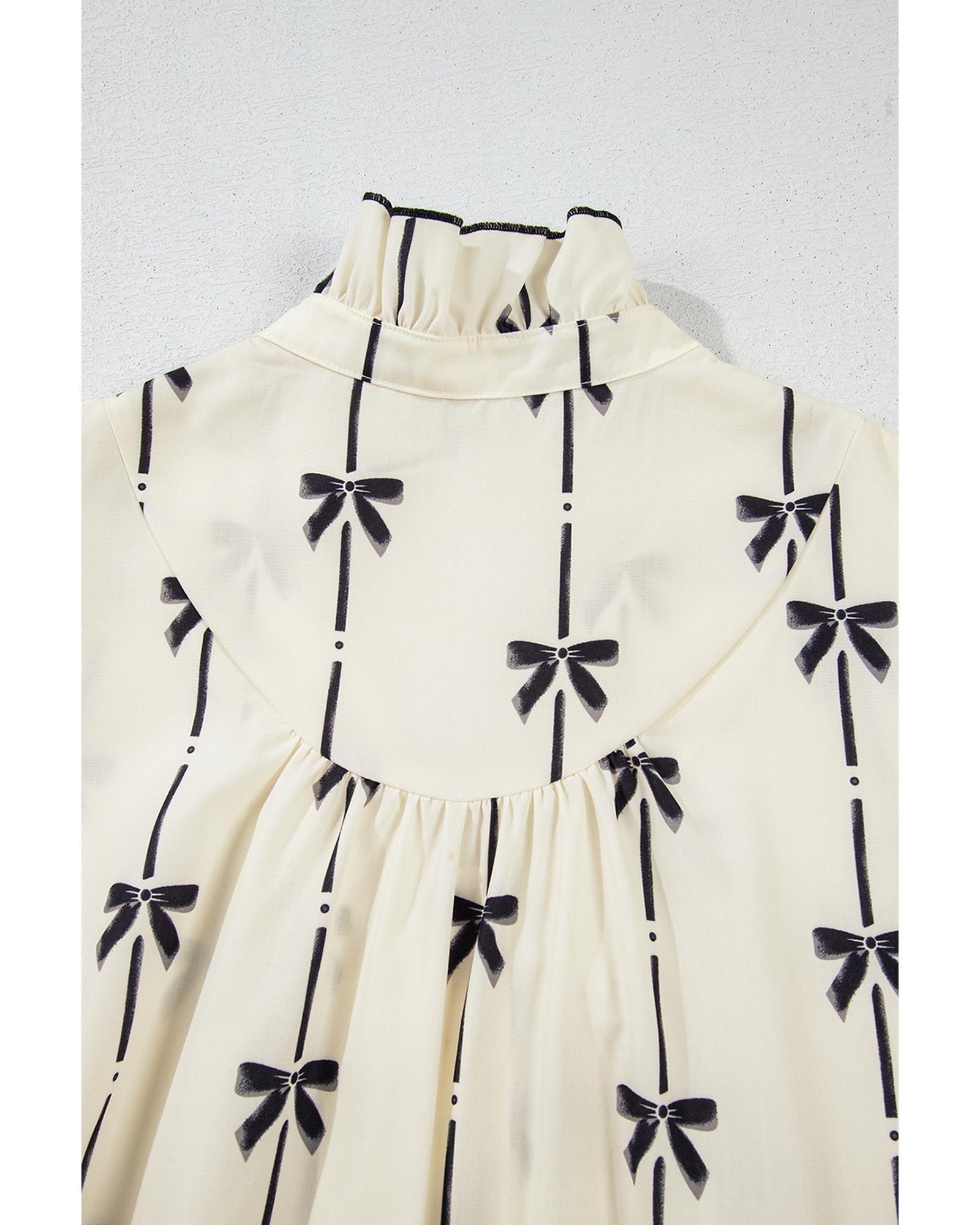 Beige Cute Bowknot Printed Bubble Sleeve V Neck Mini Dress - M 4