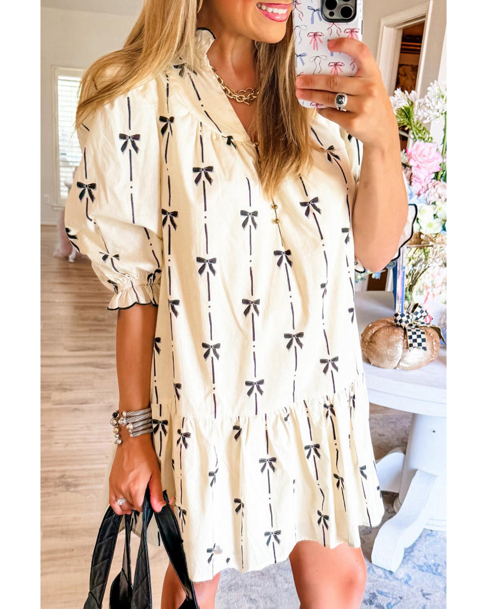 Beige Cute Bowknot Printed Bubble Sleeve V Neck Mini Dress - M 6