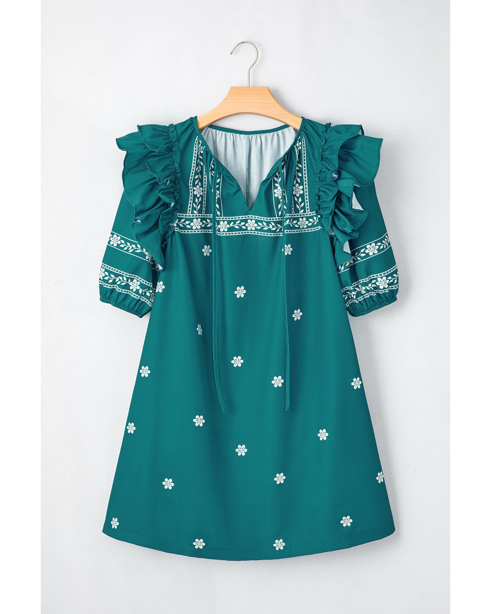 Skobeloff Boho Floral Ruffle Puff Sleeve Lace-up V Neck Mini Dress - L 6