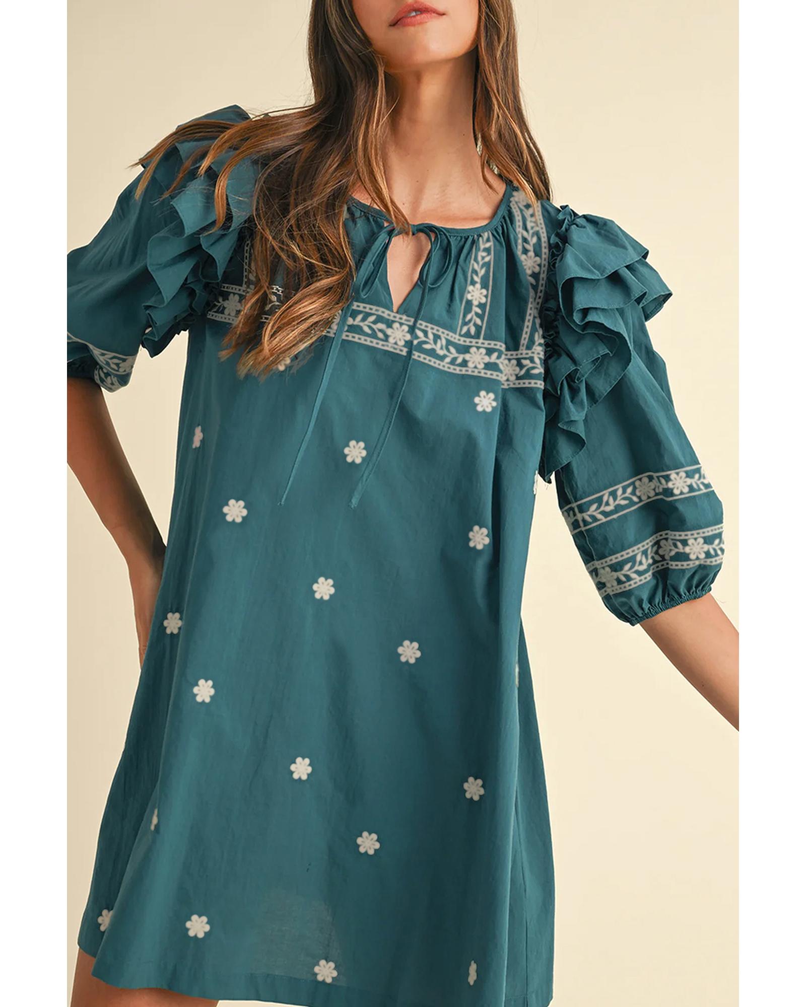 Skobeloff Boho Floral Ruffle Puff Sleeve Lace-up V Neck Mini Dress - M