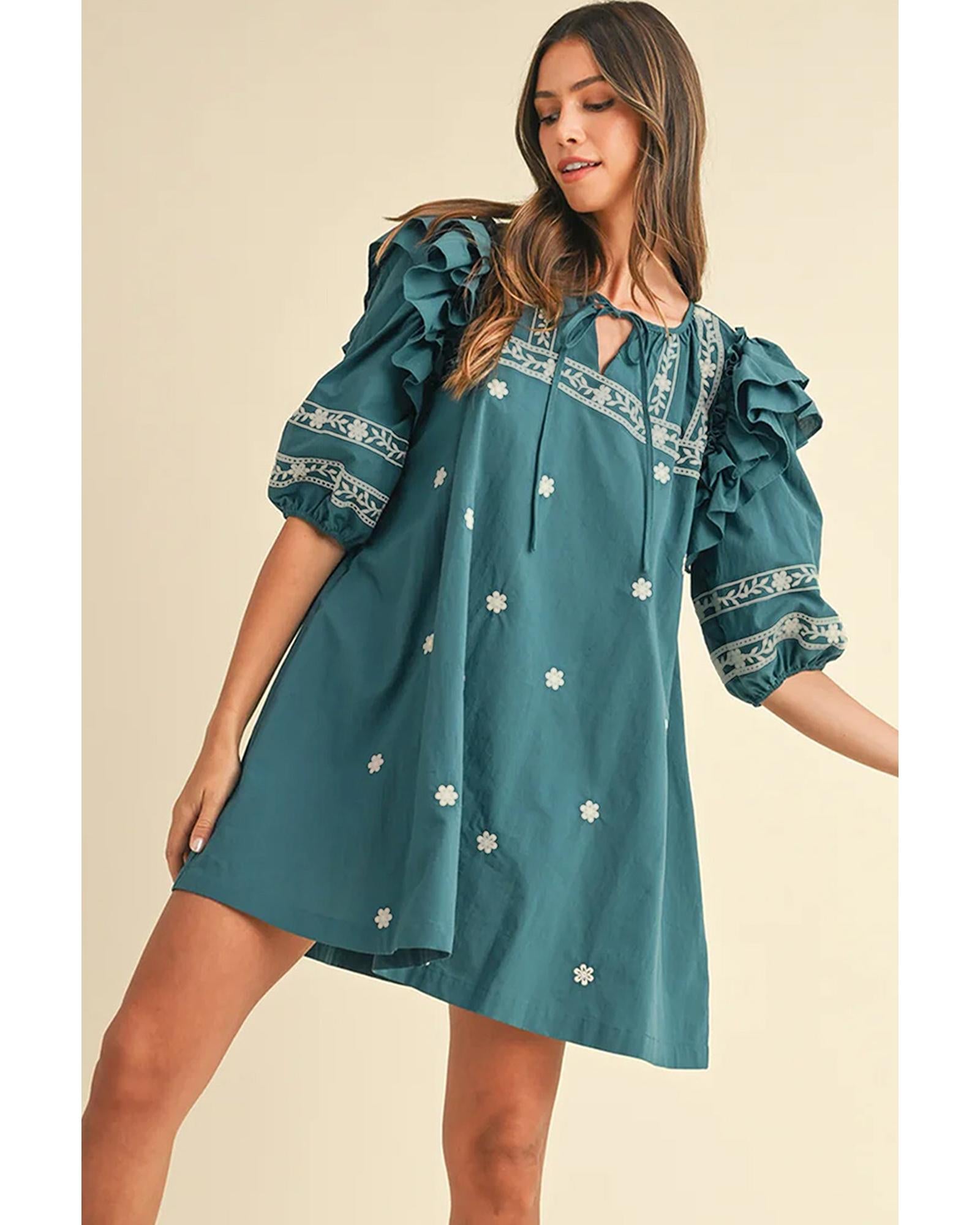 Skobeloff Boho Floral Ruffle Puff Sleeve Lace-up V Neck Mini Dress - M 3