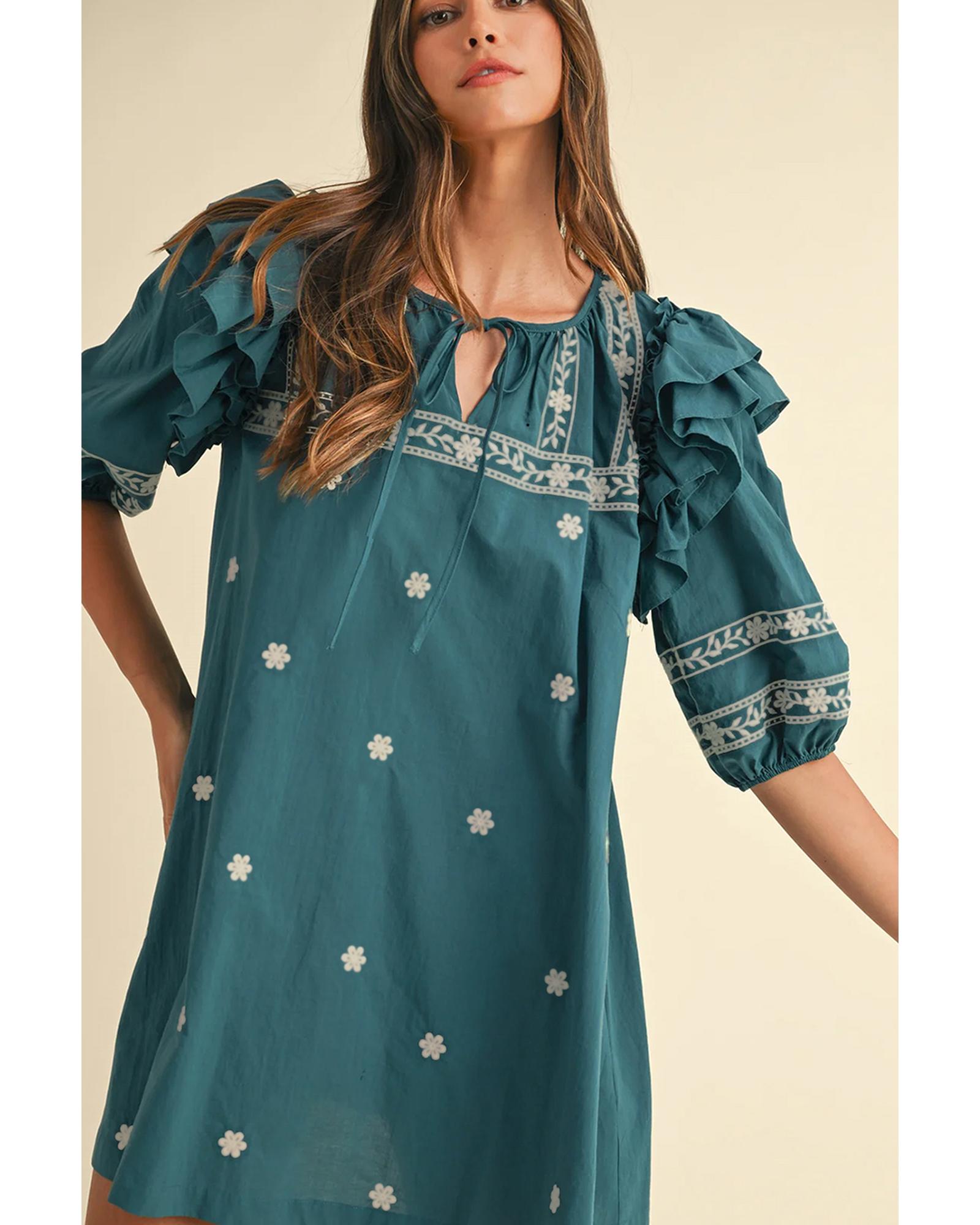 Skobeloff Boho Floral Ruffle Puff Sleeve Lace-up V Neck Mini Dress - M 5