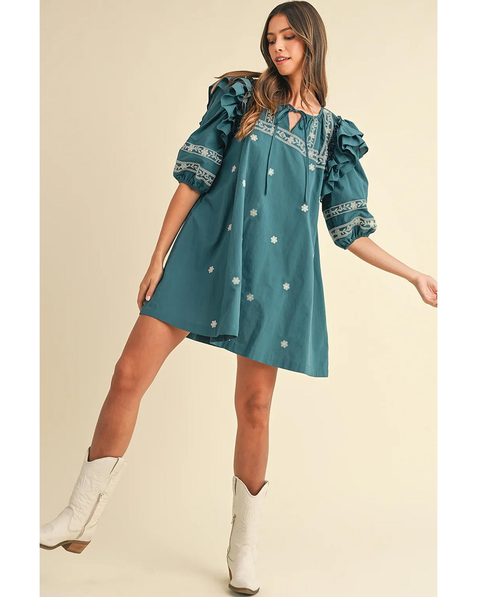 Skobeloff Boho Floral Ruffle Puff Sleeve Lace-up V Neck Mini Dress - S 4