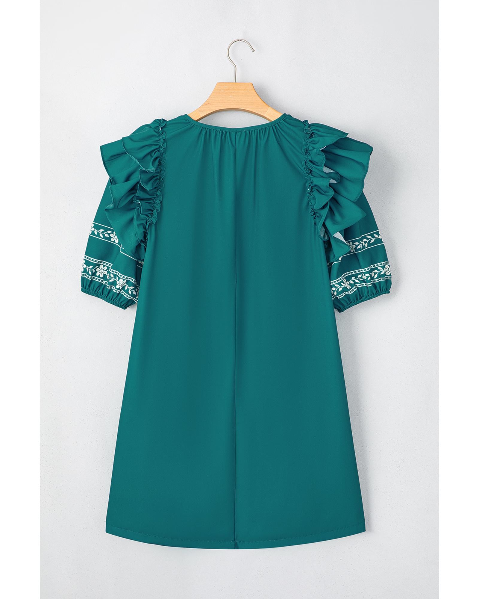 Skobeloff Boho Floral Ruffle Puff Sleeve Lace-up V Neck Mini Dress - S 7