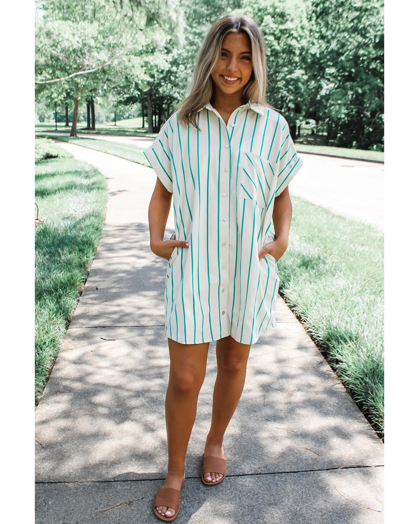 Mint Green St Patricks Striped Wide Short Sleeve Shift Mini Shirt Dress - L 4