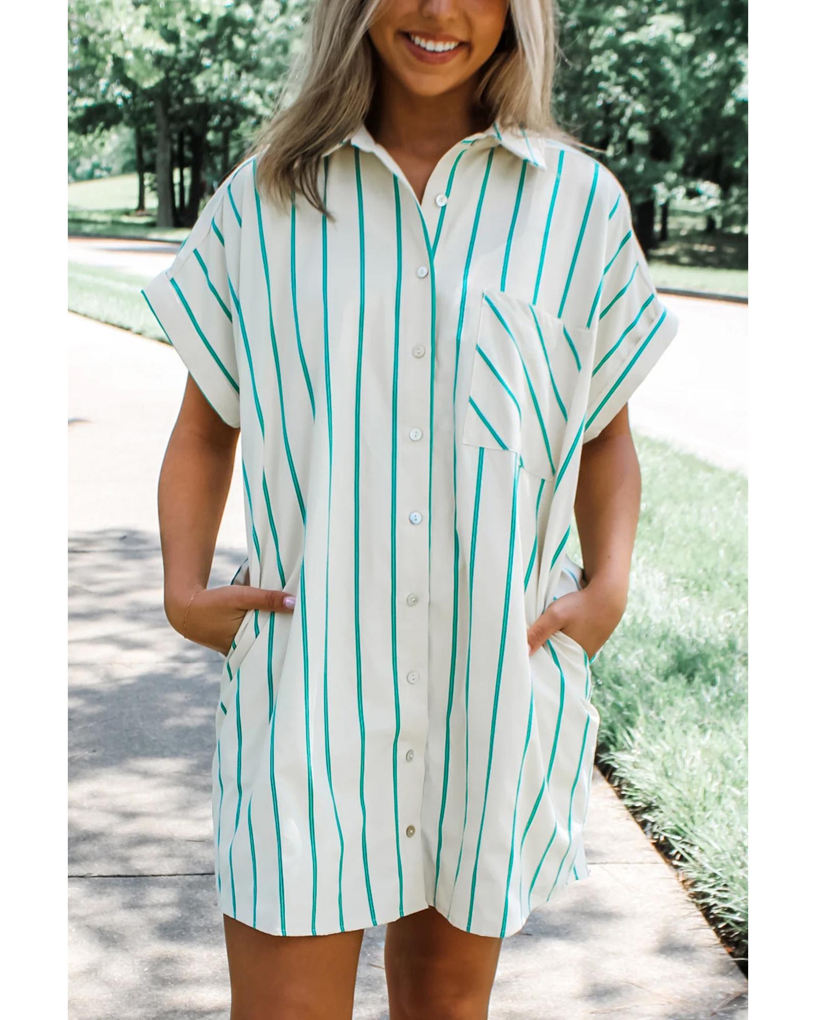 Mint Green St Patricks Striped Wide Short Sleeve Shift Mini Shirt Dress - XL