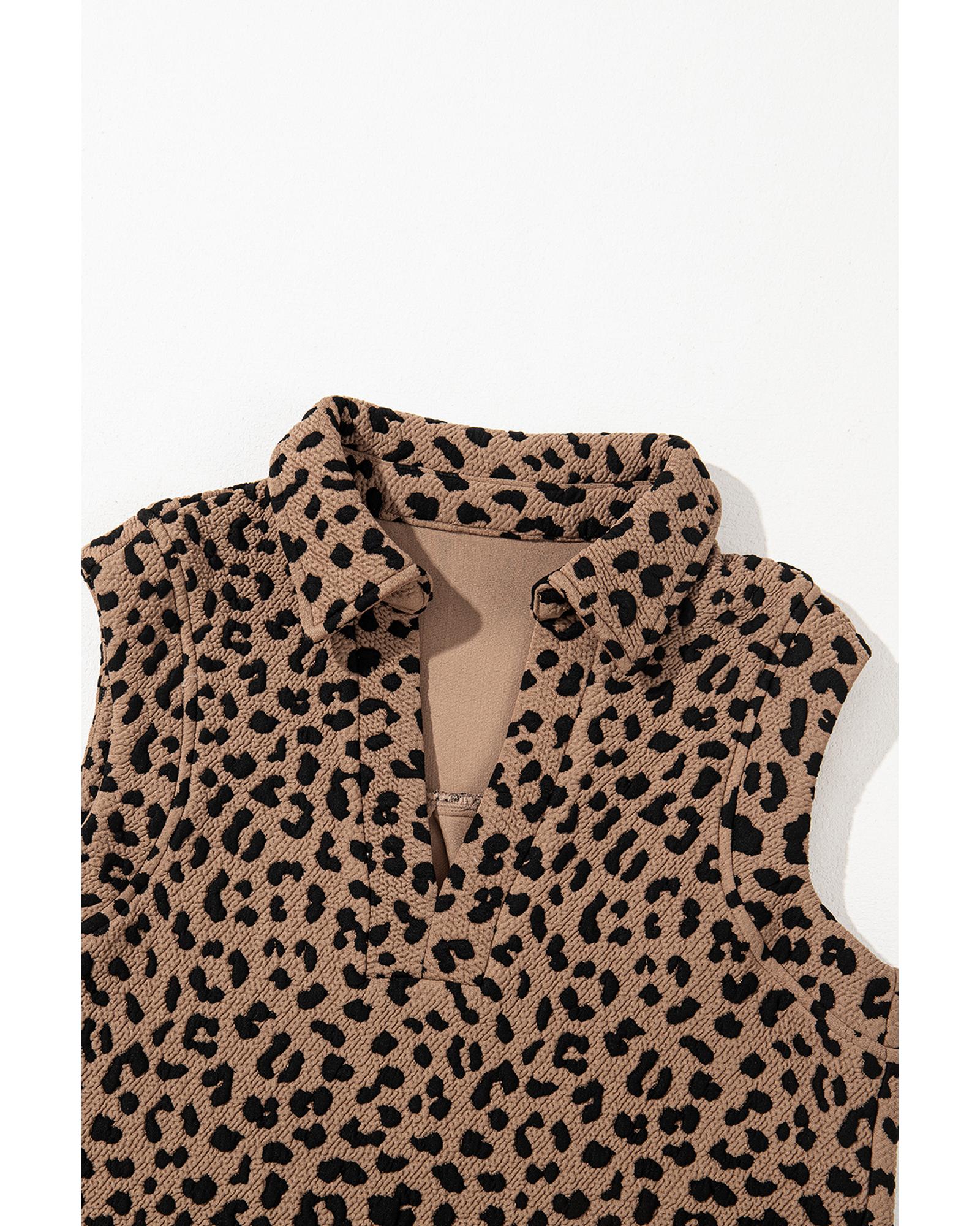 Khaki Leopard Print V Neck Sleeveless Collared Mini Dress - M 3