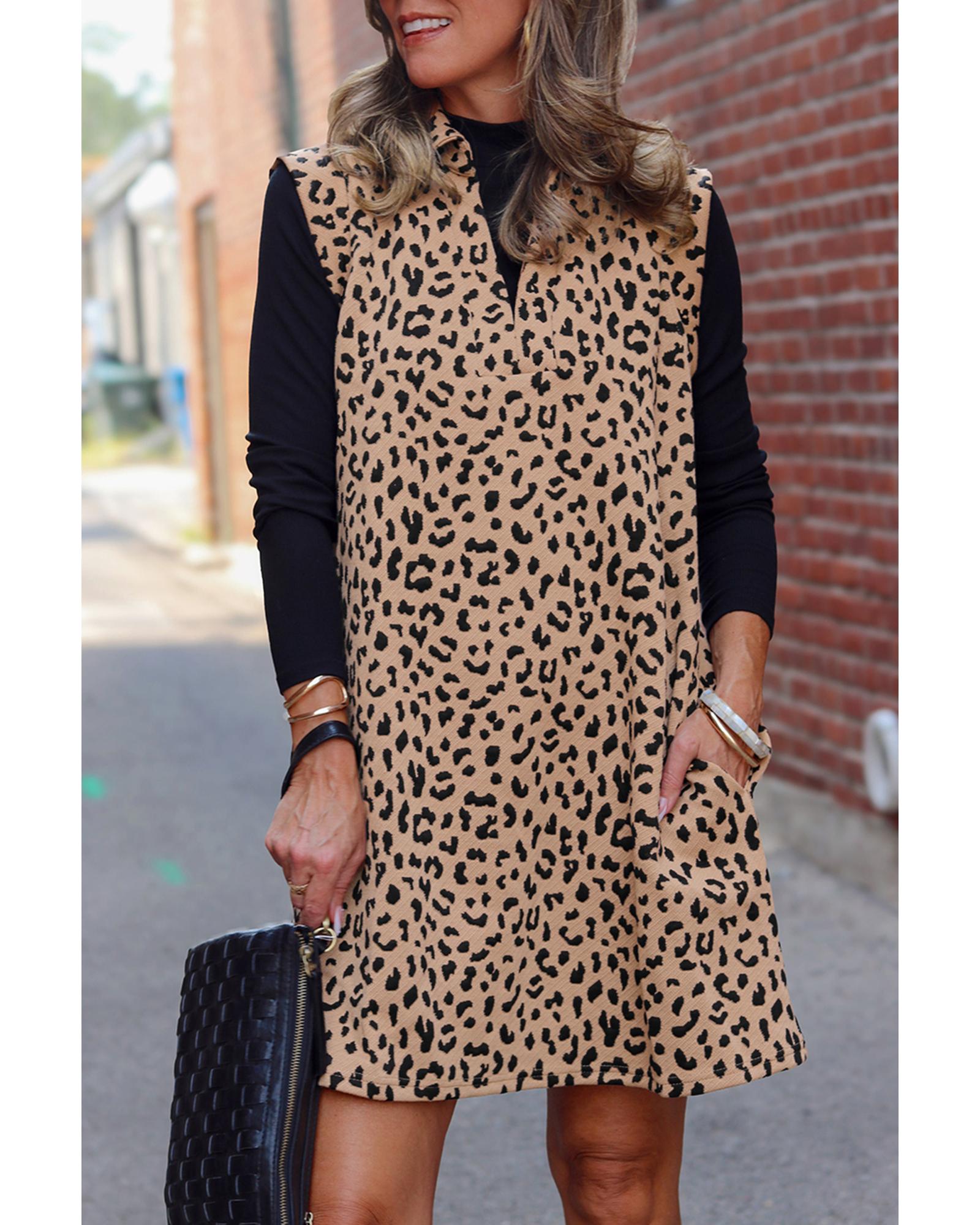 Khaki Leopard Print V Neck Sleeveless Collared Mini Dress - XL 7