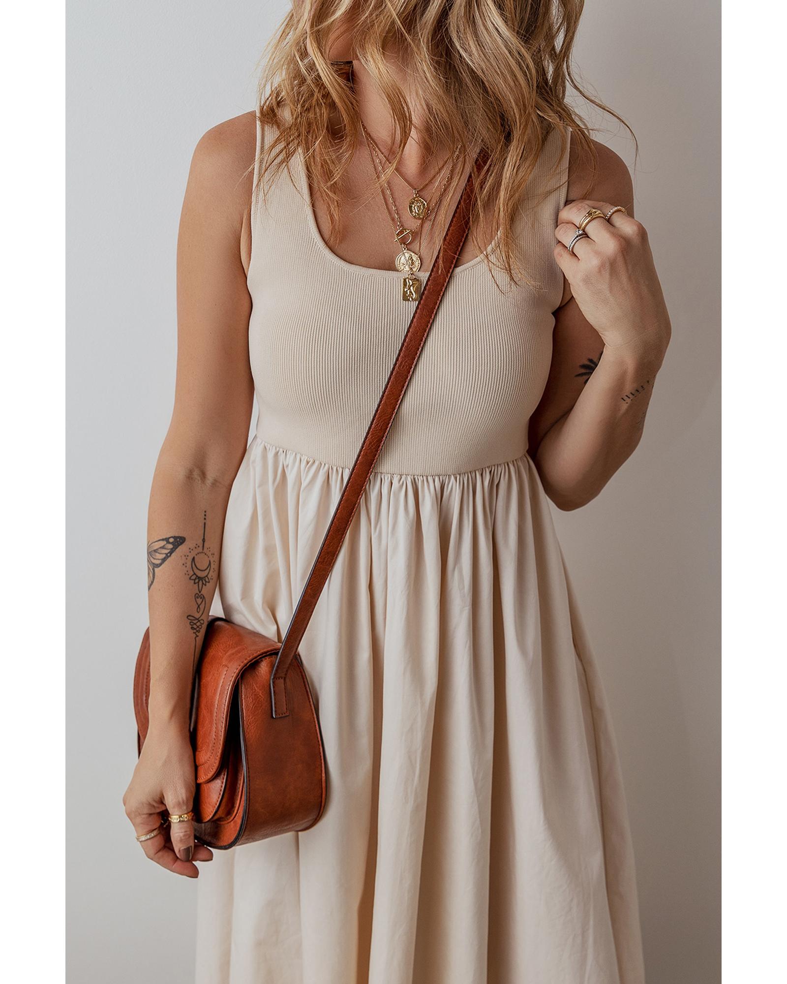 Beige Scoop Neck Ribbed Bodice Pleated Sleeveless Long Dress - L 4