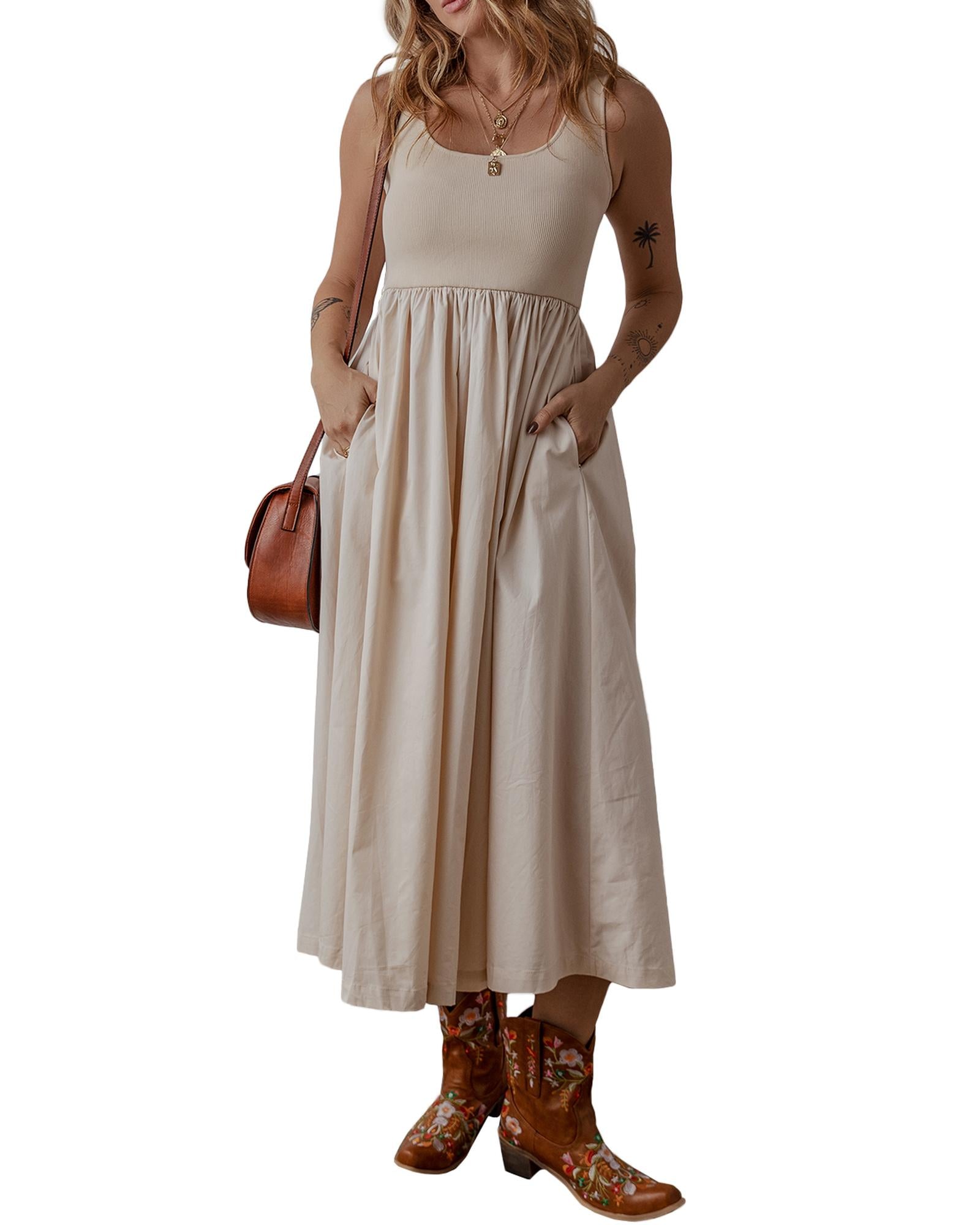 Beige Scoop Neck Ribbed Bodice Pleated Sleeveless Long Dress - L 6