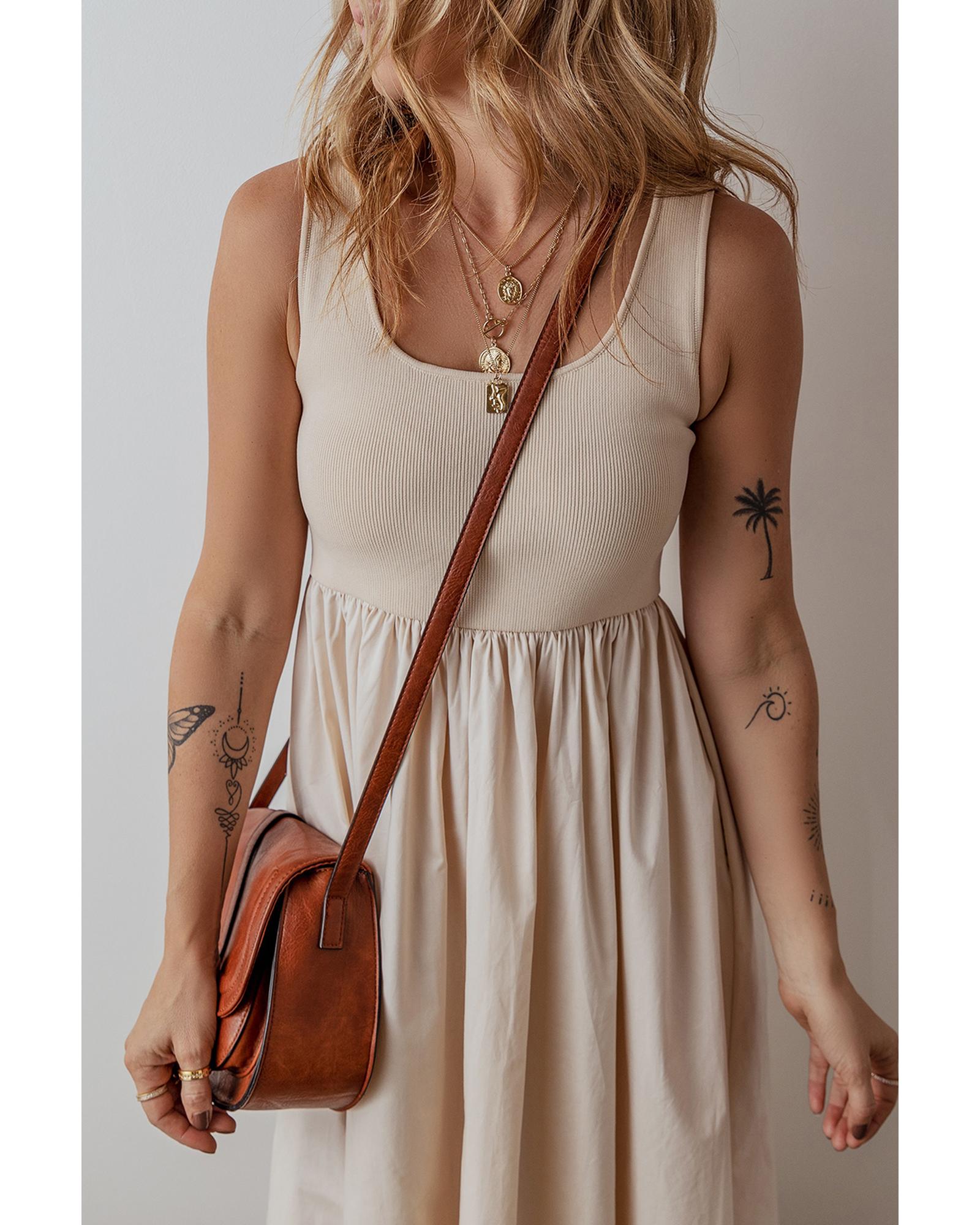 Beige Scoop Neck Ribbed Bodice Pleated Sleeveless Long Dress - L 7