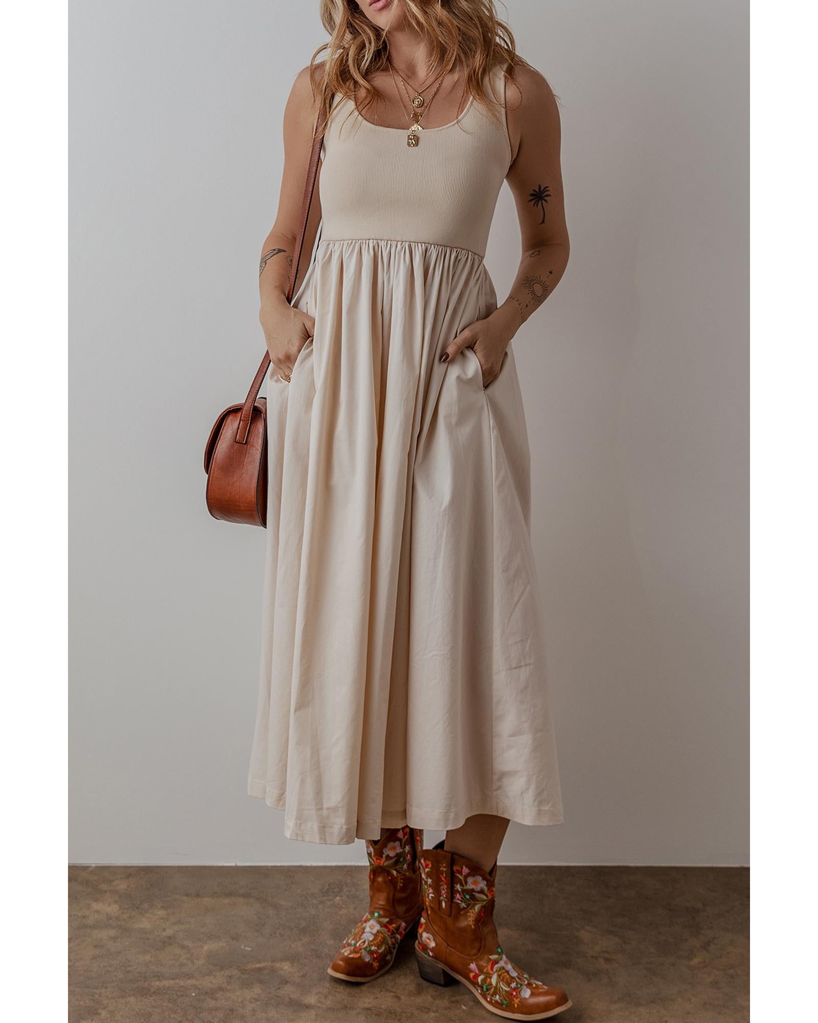 Beige Scoop Neck Ribbed Bodice Pleated Sleeveless Long Dress - XL