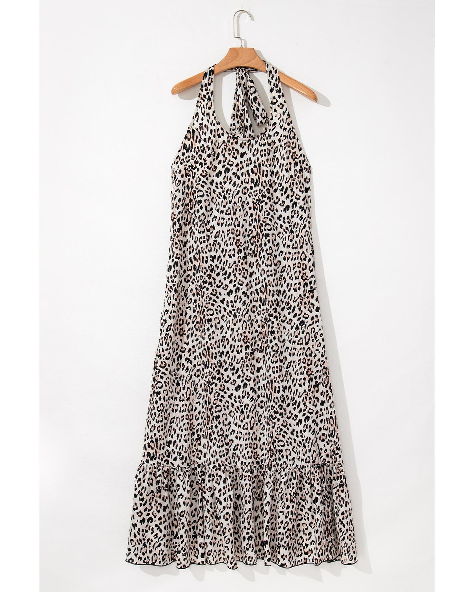 Brown Leopard Printed Halter Neck Backless Ruffled Hem Maxi Dress - L 5