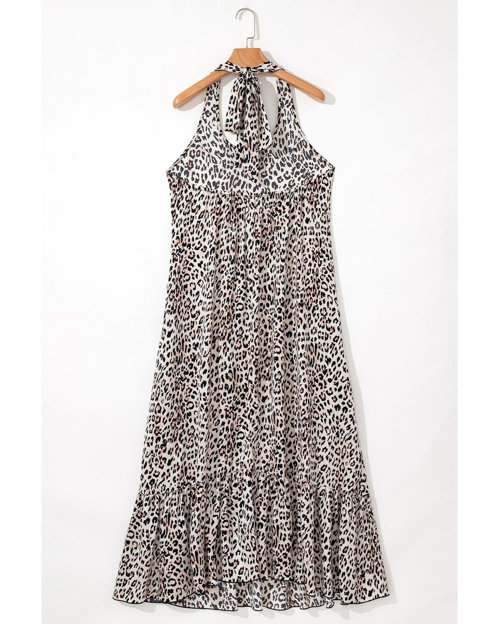 Brown Leopard Printed Halter Neck Backless Ruffled Hem Maxi Dress - L 8