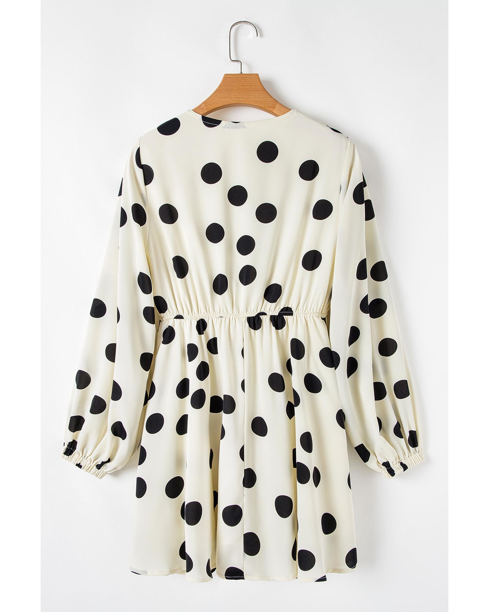 Beige Polka Dot Printed Surplice V Neck Puff Sleeve Mini Dress - L 3