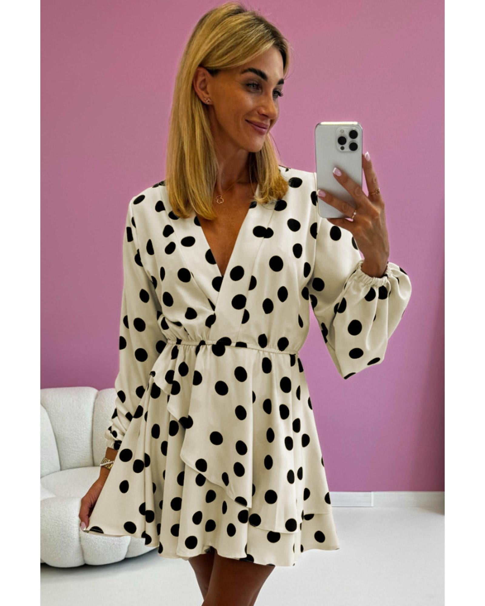 Beige Polka Dot Printed Surplice V Neck Puff Sleeve Mini Dress - L 7
