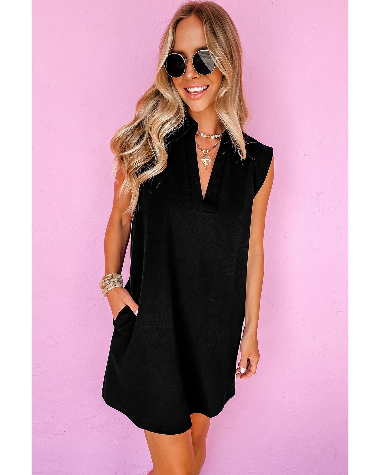 Black Solid Color Collared Slit Neck Sleeveless Mini Dress - L 3