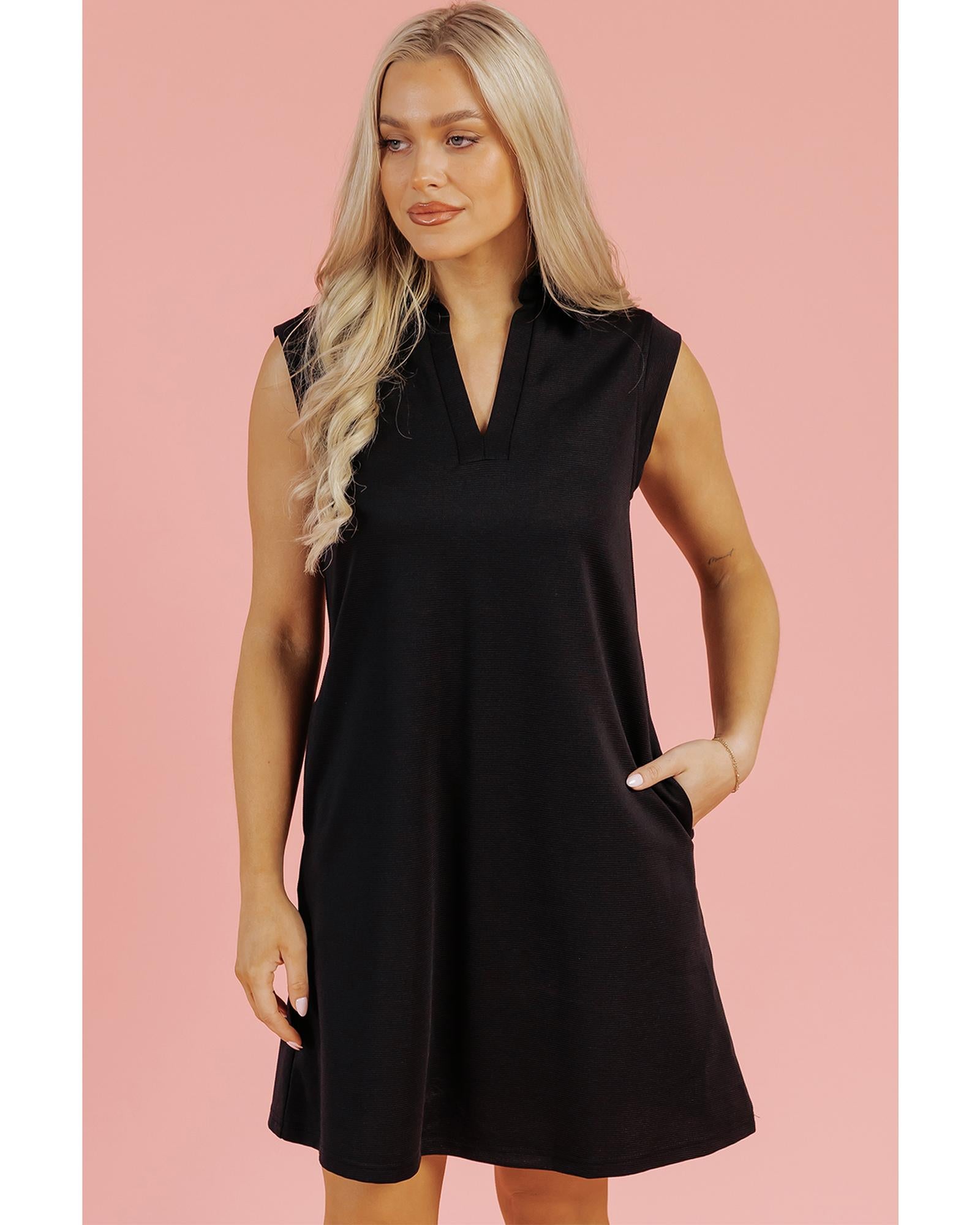 Black Solid Color Collared Slit Neck Sleeveless Mini Dress - XL 6