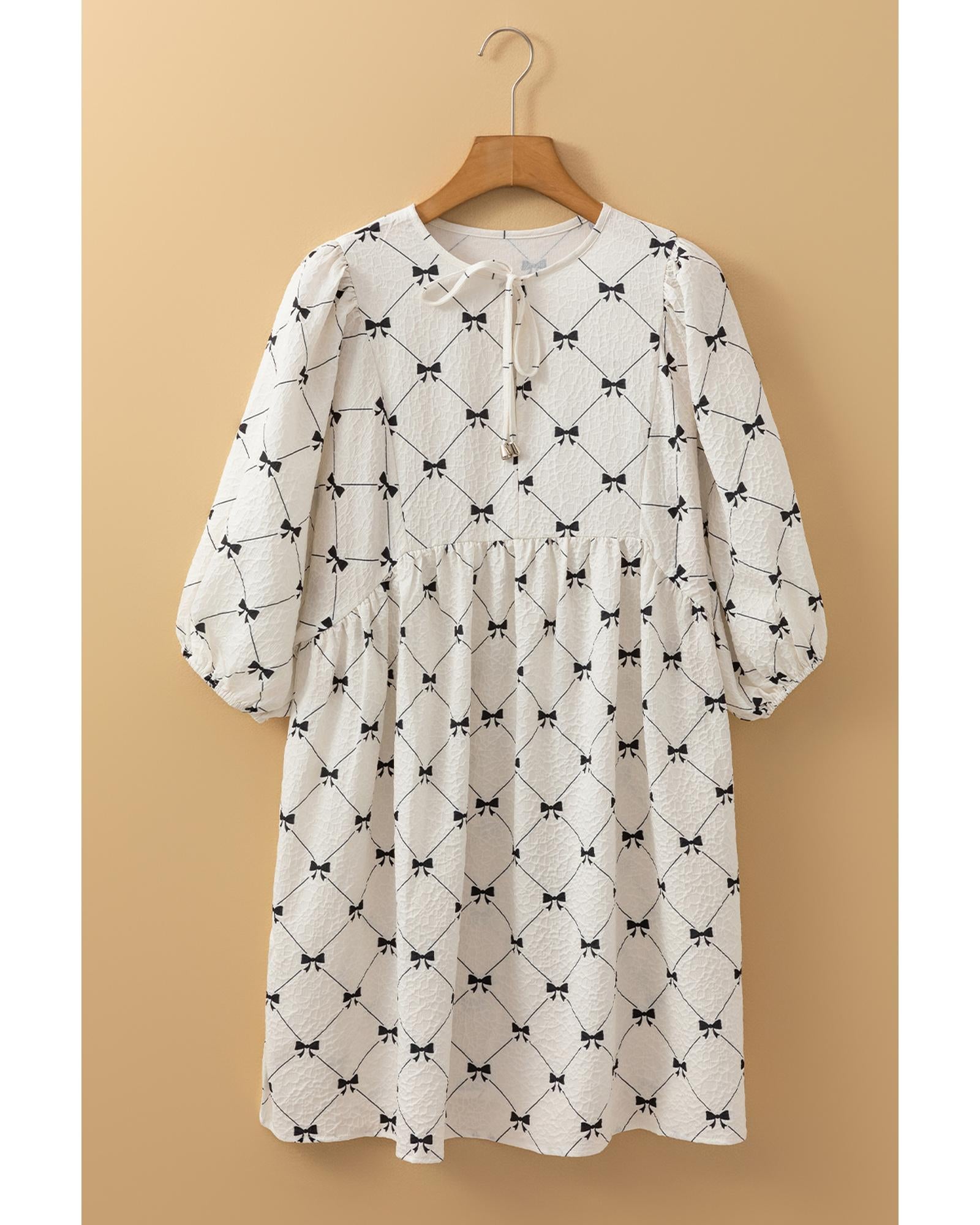 White Bowtie Pattern Textured Puff Half Sleeve Loose Mini Dress - L 4
