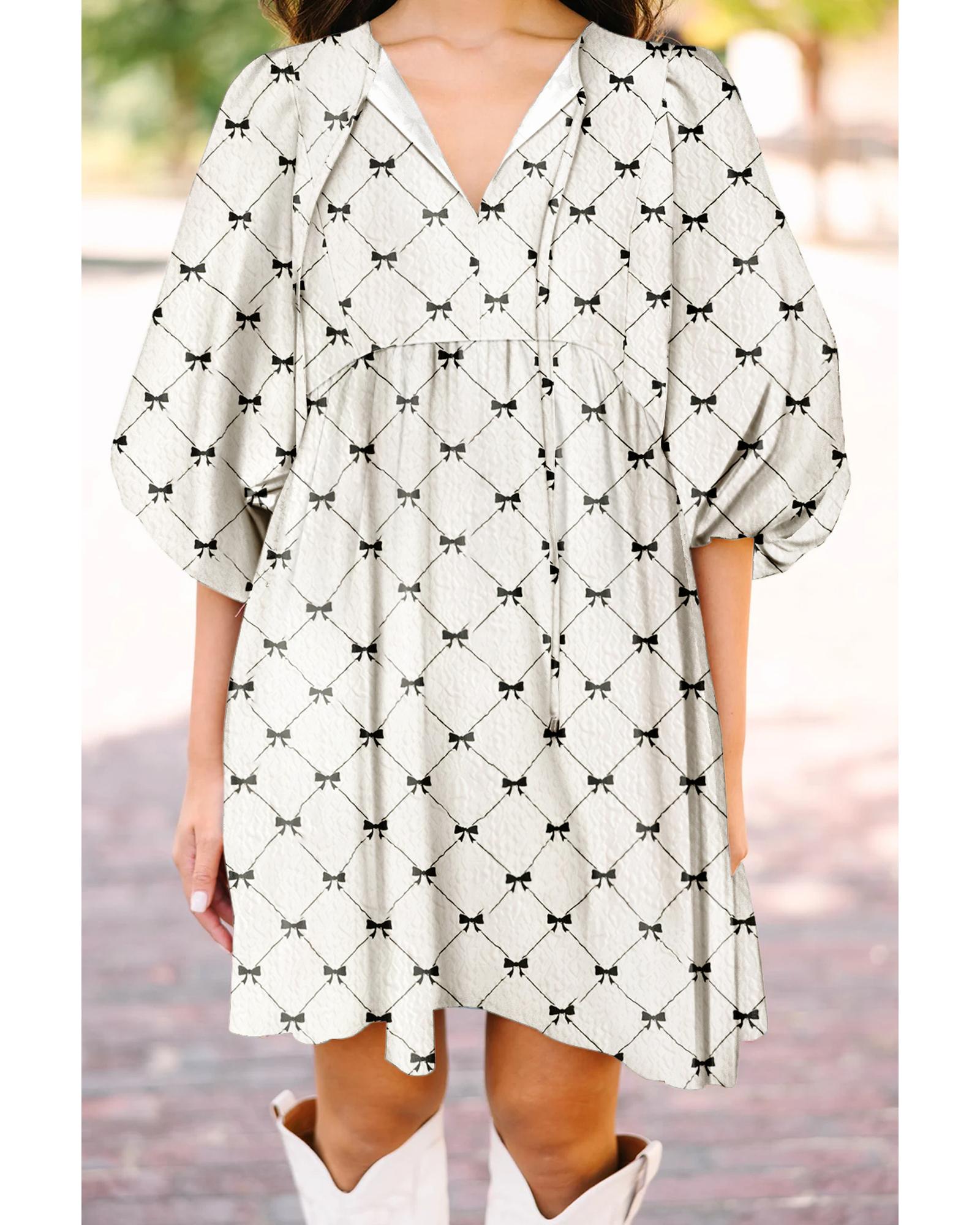 White Bowtie Pattern Textured Puff Half Sleeve Loose Mini Dress - S 3