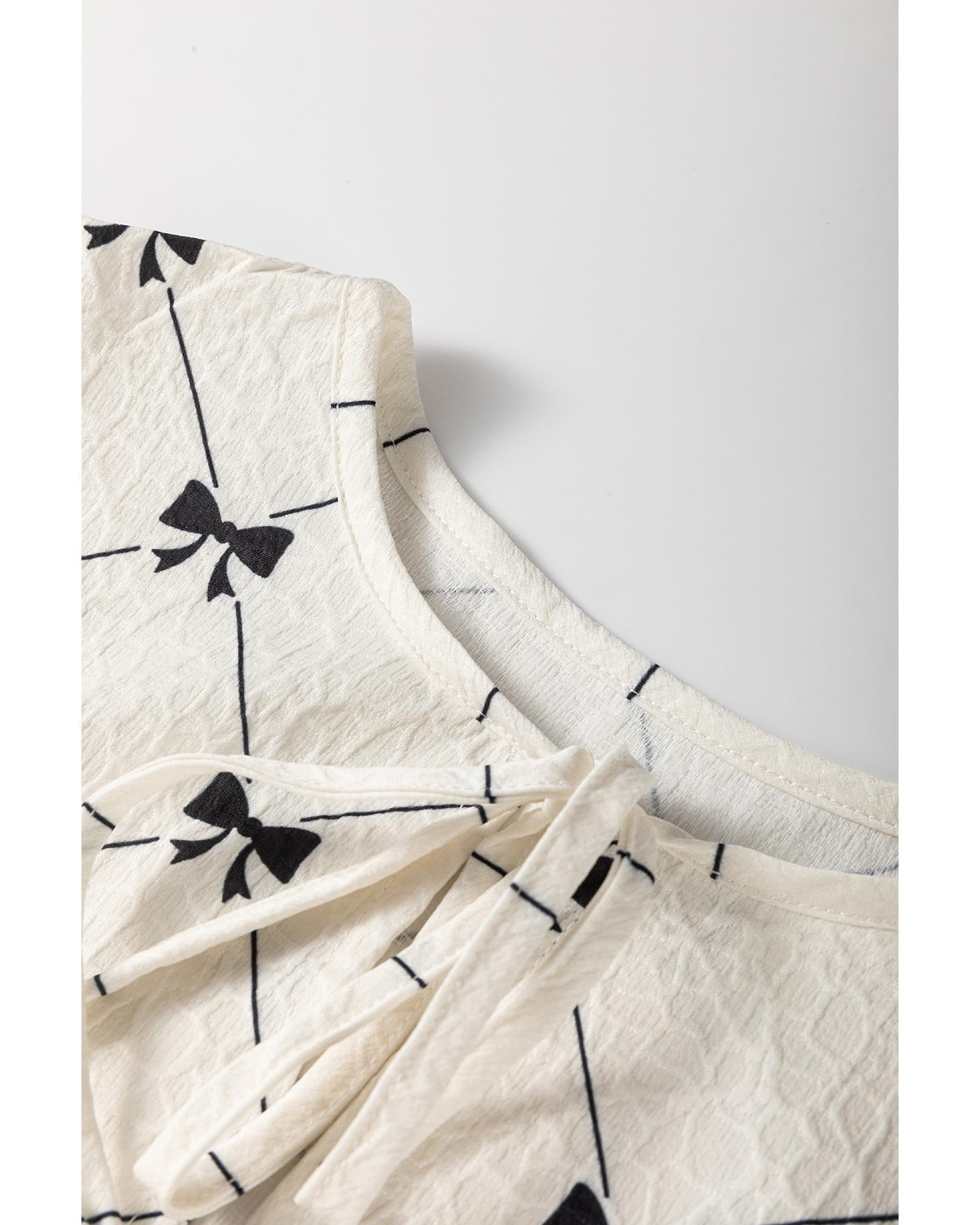 White Bowtie Pattern Textured Puff Half Sleeve Loose Mini Dress - S 5