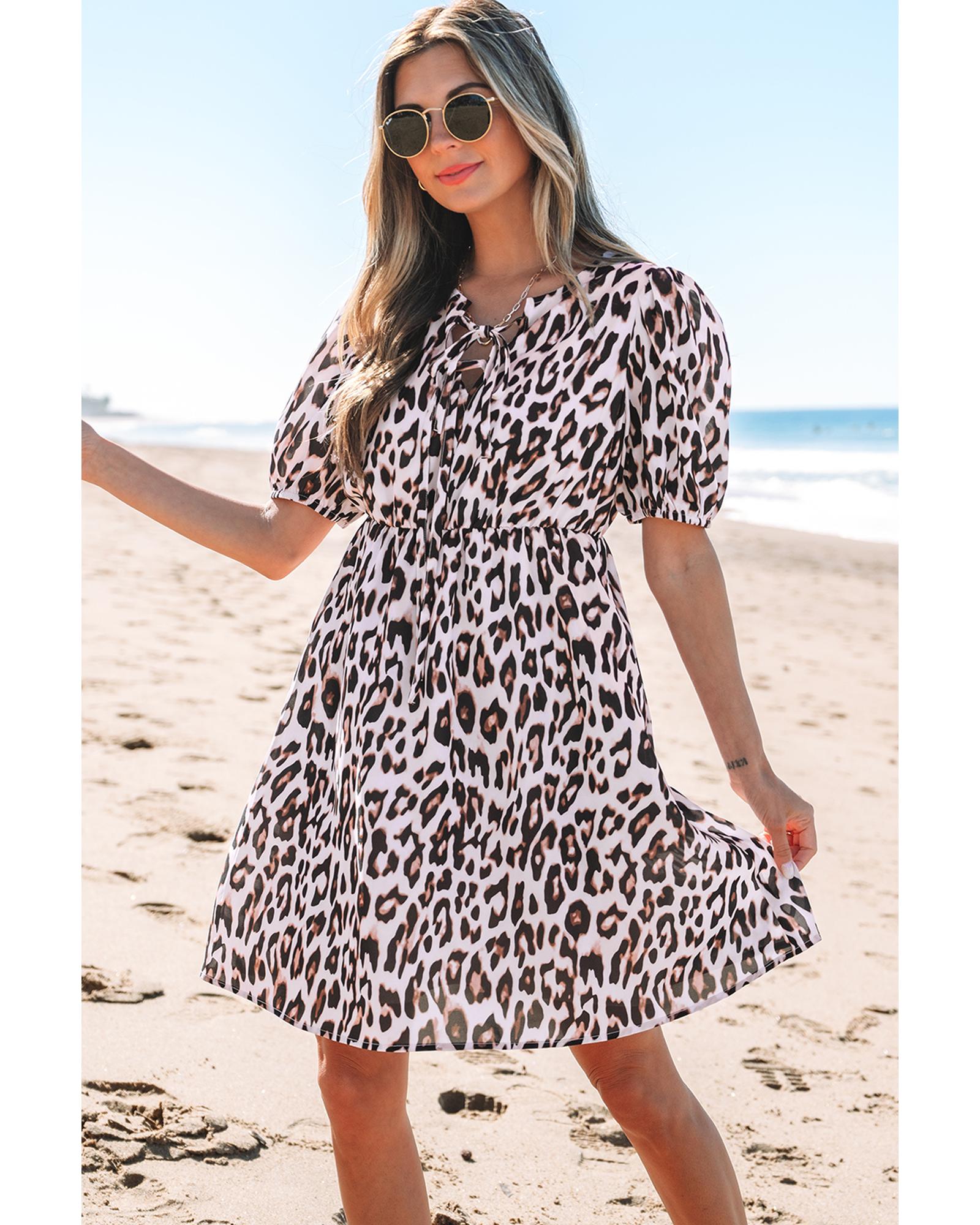Brown Leopard Tied Front Keyhole Puff Short Sleeve Mini Dress - L 3