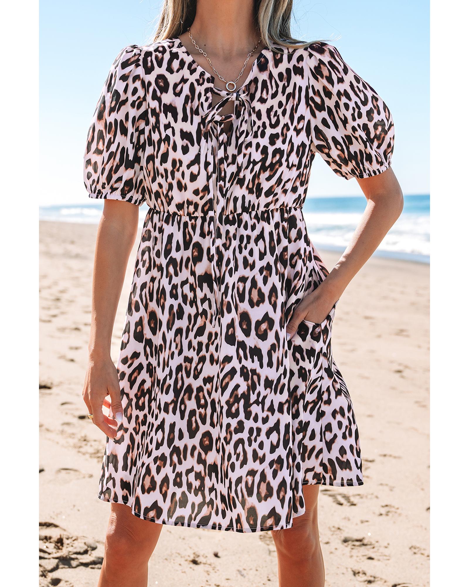 Brown Leopard Tied Front Keyhole Puff Short Sleeve Mini Dress - L 7