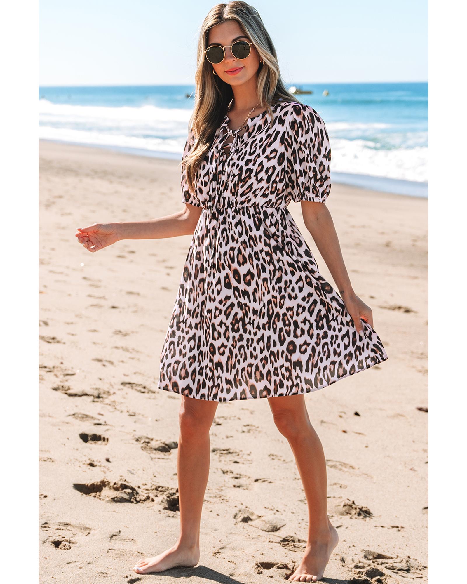 Brown Leopard Tied Front Keyhole Puff Short Sleeve Mini Dress - M 6