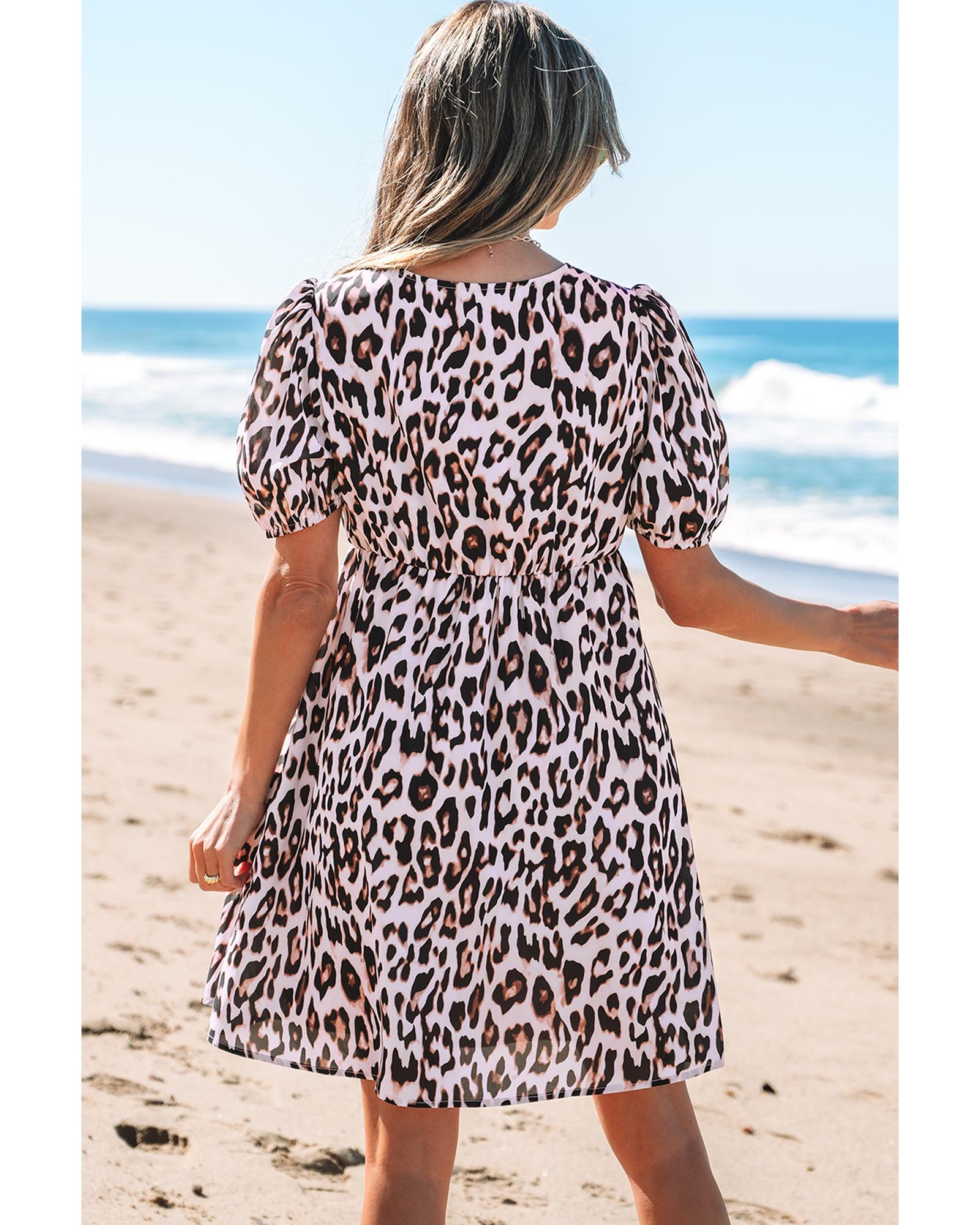 Brown Leopard Tied Front Keyhole Puff Short Sleeve Mini Dress - XL
