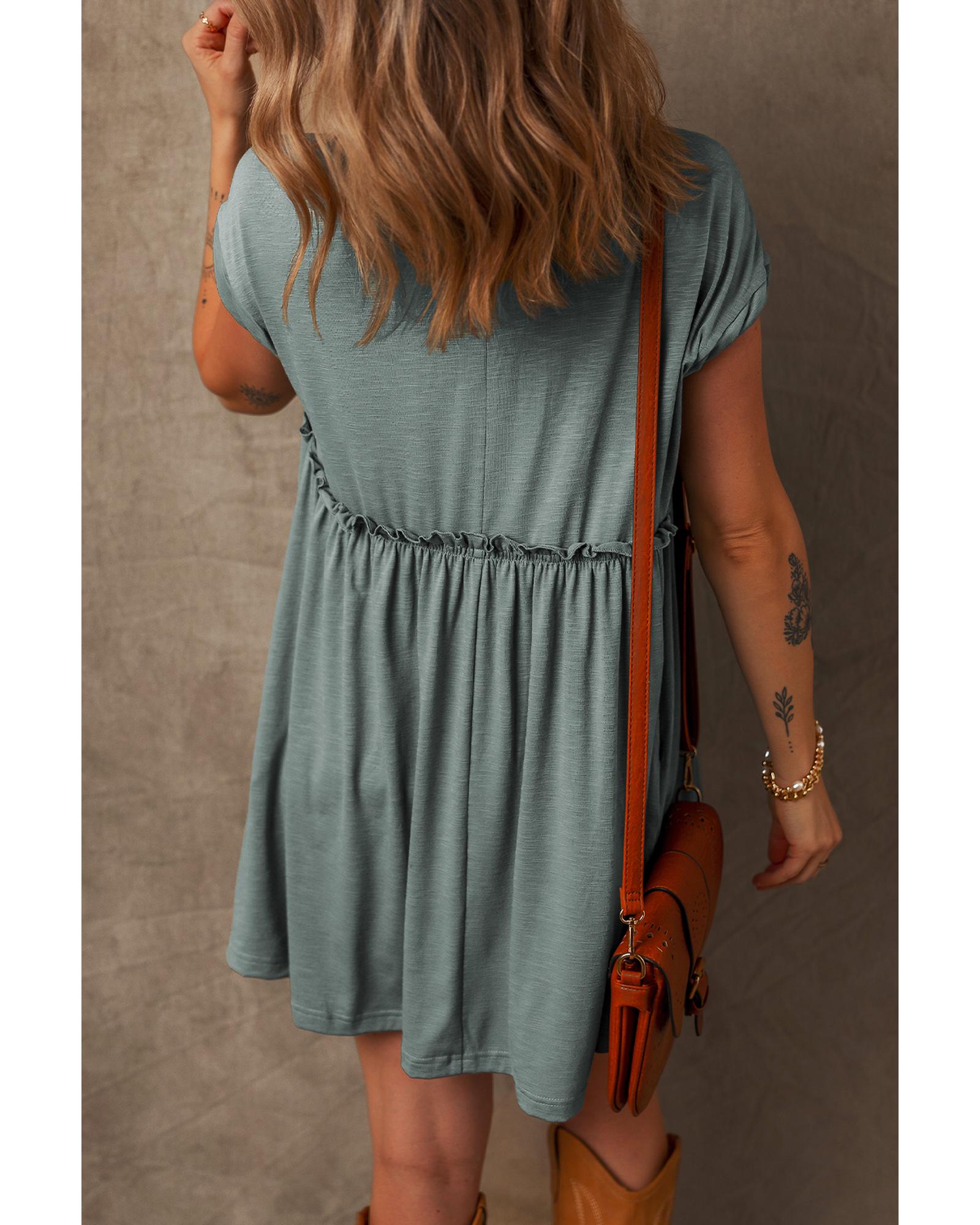Mist Green Frilled Gathered Seam Round Neck T Shirt Dress - L