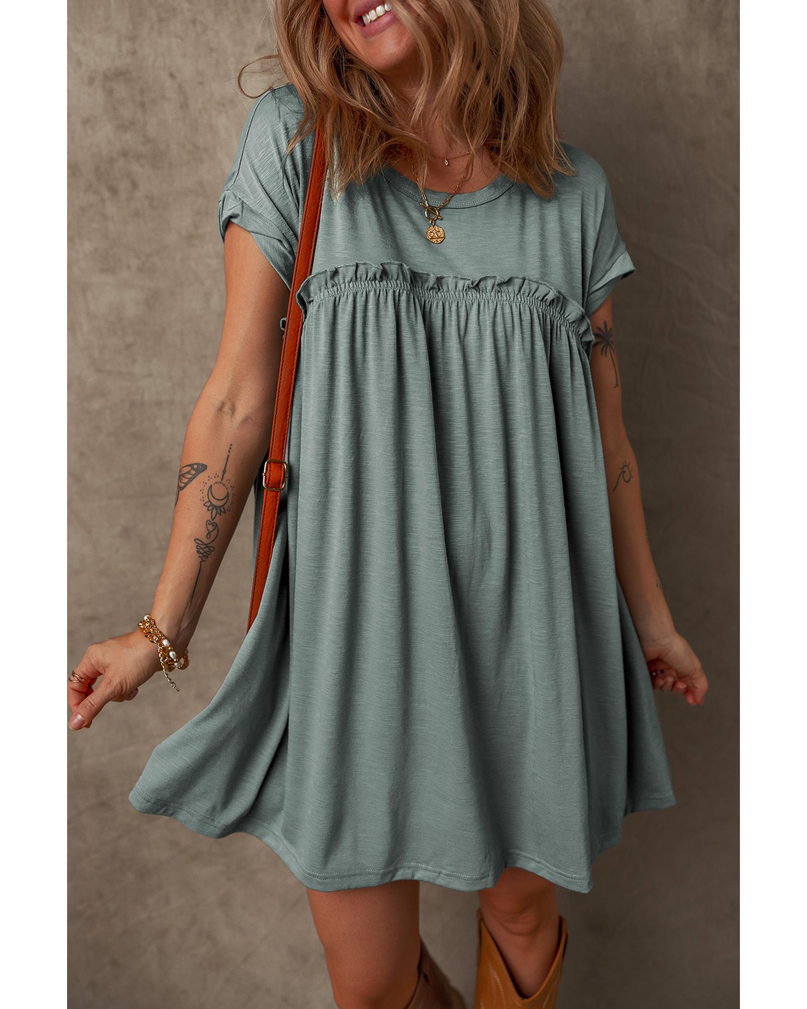 Mist Green Frilled Gathered Seam Round Neck T Shirt Dress - L 3
