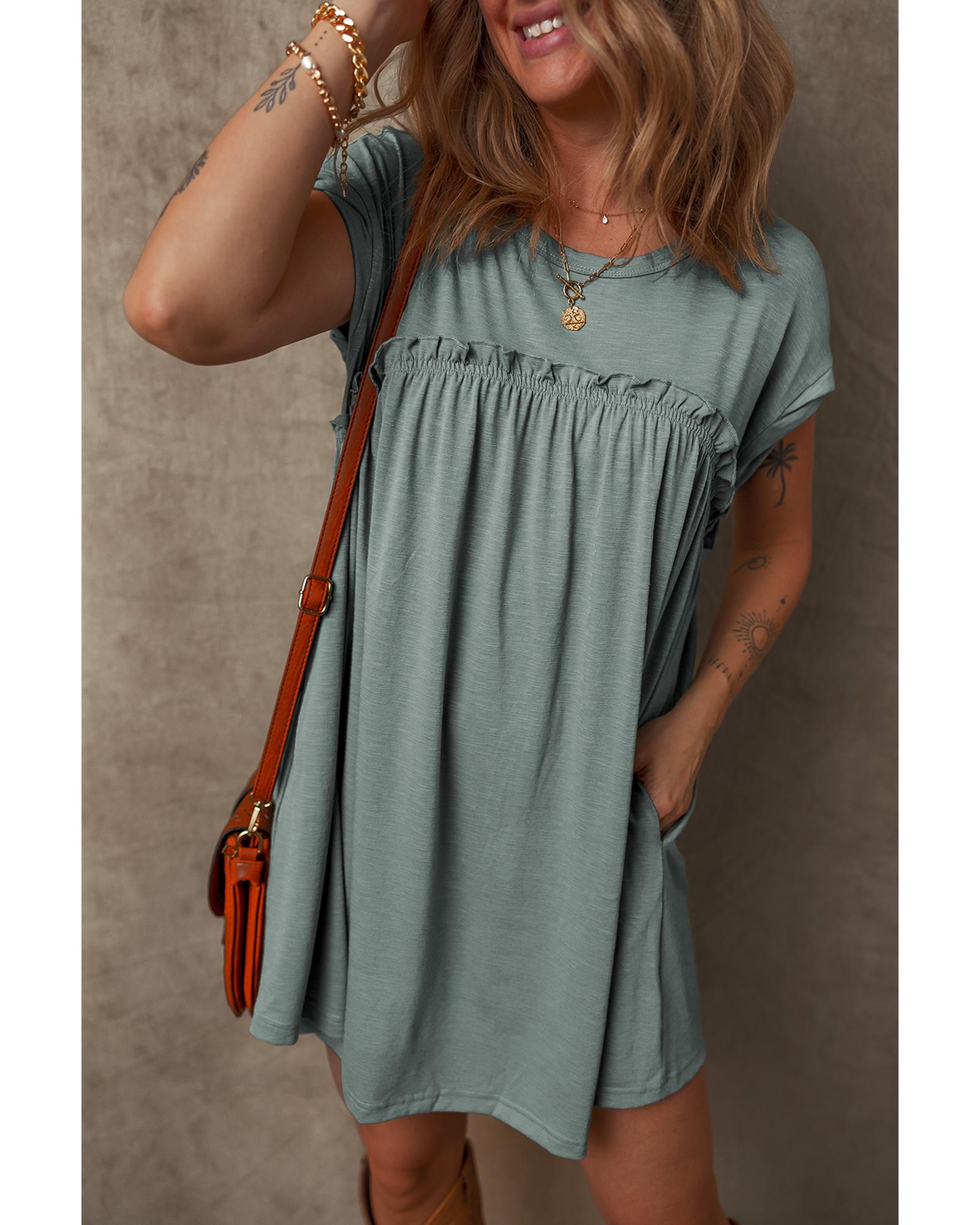 Mist Green Frilled Gathered Seam Round Neck T Shirt Dress - L 4