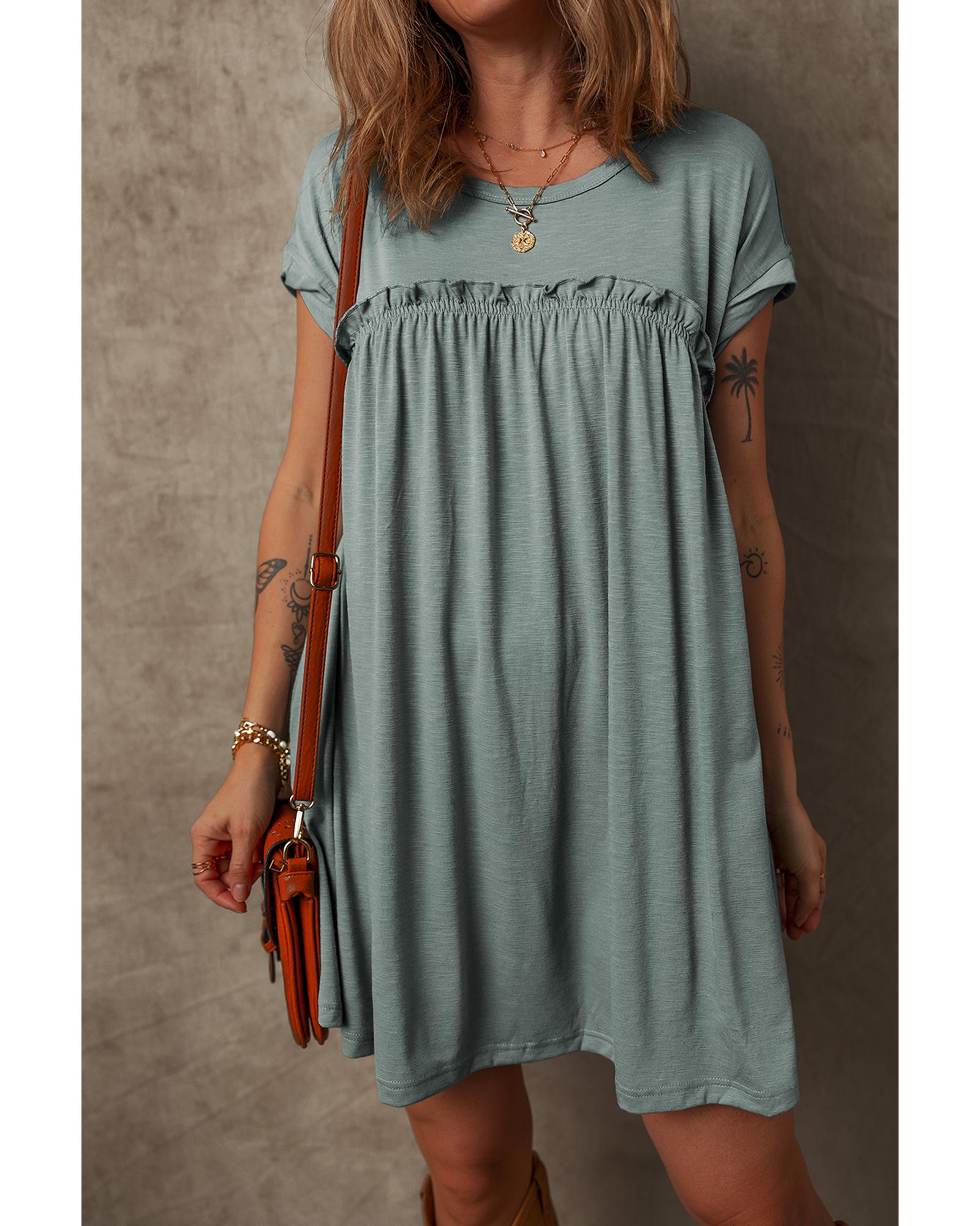 Mist Green Frilled Gathered Seam Round Neck T Shirt Dress - L 5