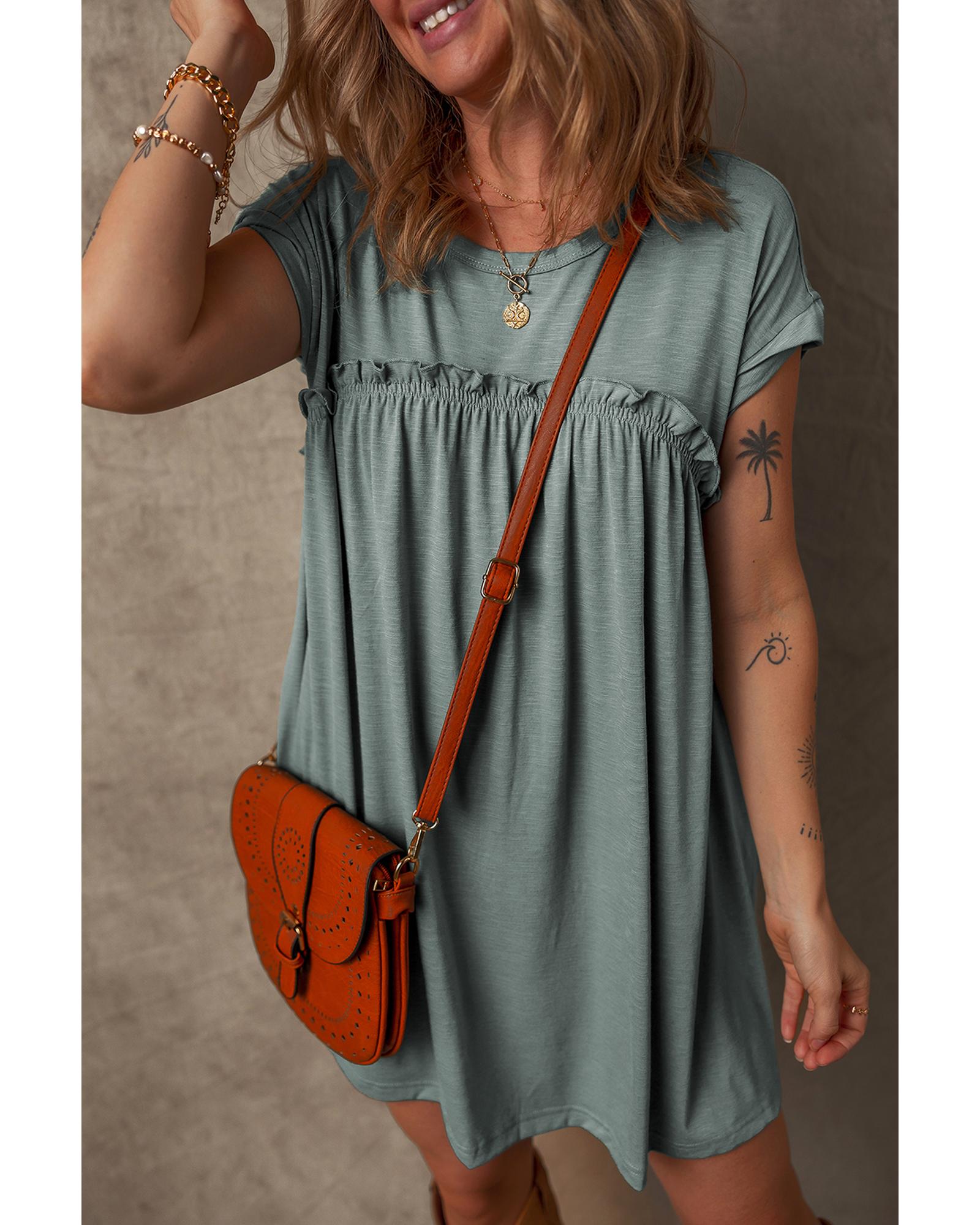 Mist Green Frilled Gathered Seam Round Neck T Shirt Dress - L 6