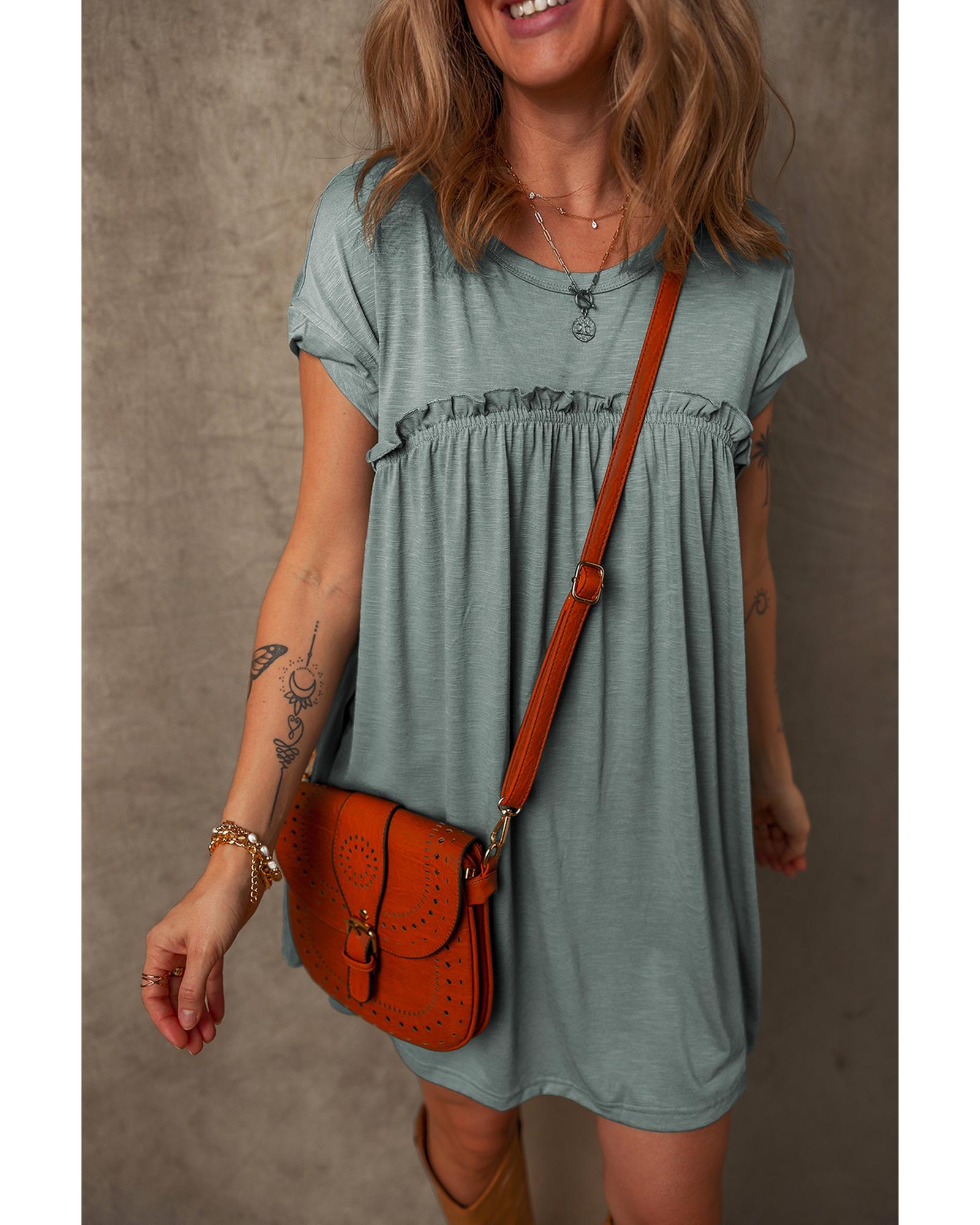 Mist Green Frilled Gathered Seam Round Neck T Shirt Dress - L 7