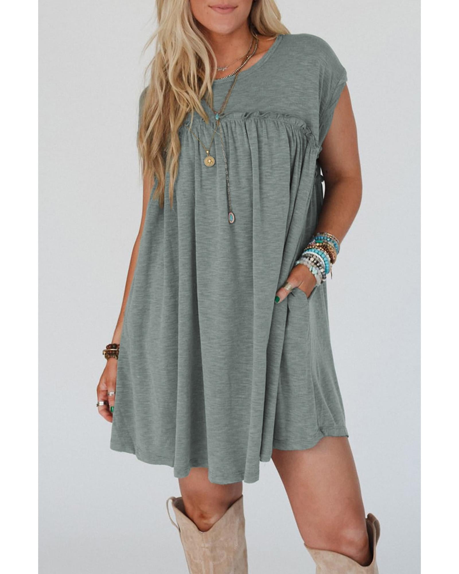 Mist Green Frilled Gathered Seam Round Neck T Shirt Dress - L 8