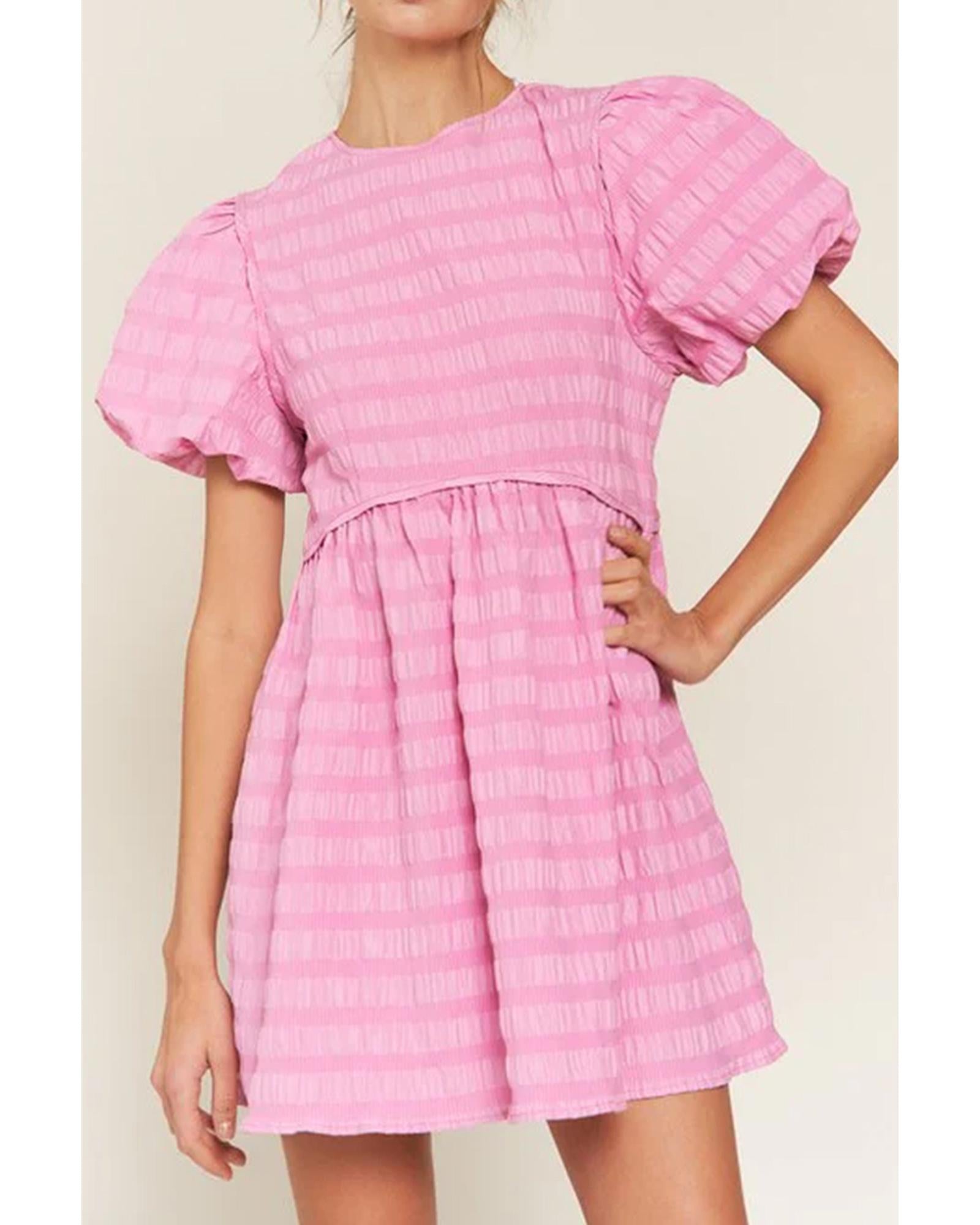 Bonbon Textured Bubble Sleeve High Waist Mini Dress - L