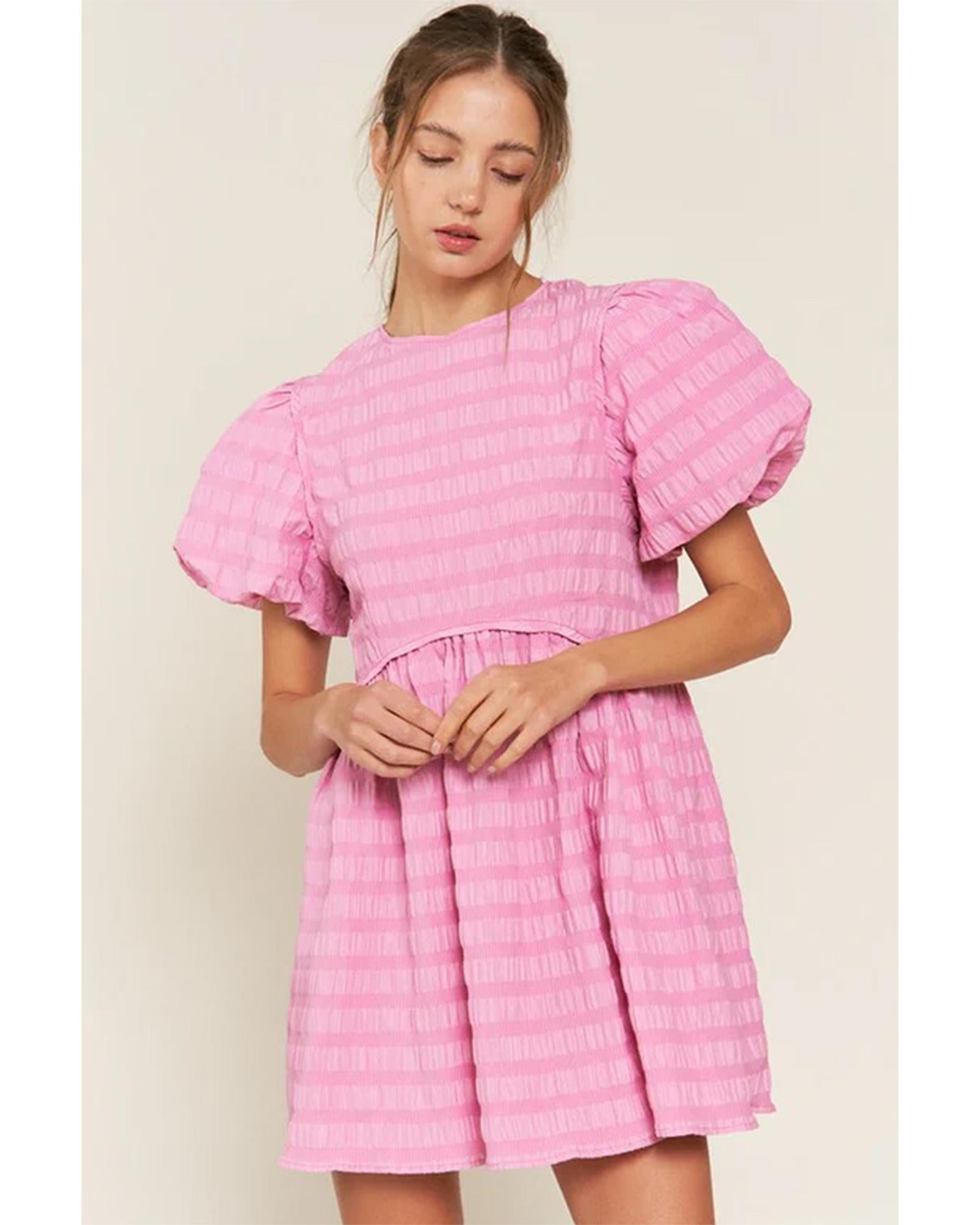 Bonbon Textured Bubble Sleeve High Waist Mini Dress - M 3