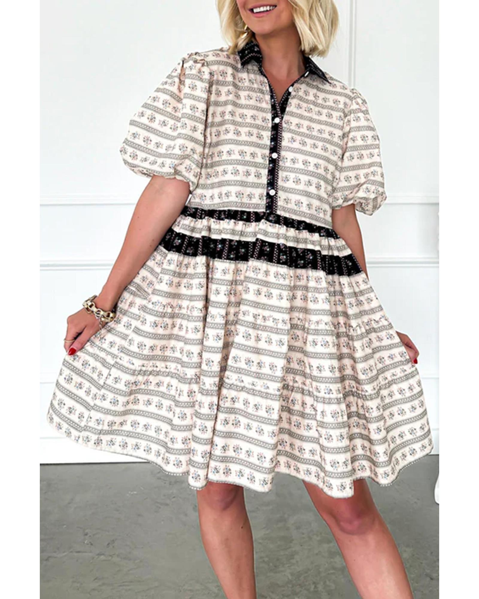 Black Boho Floral Striped Contrast Trim Bubble Sleeve Flared Dress - L