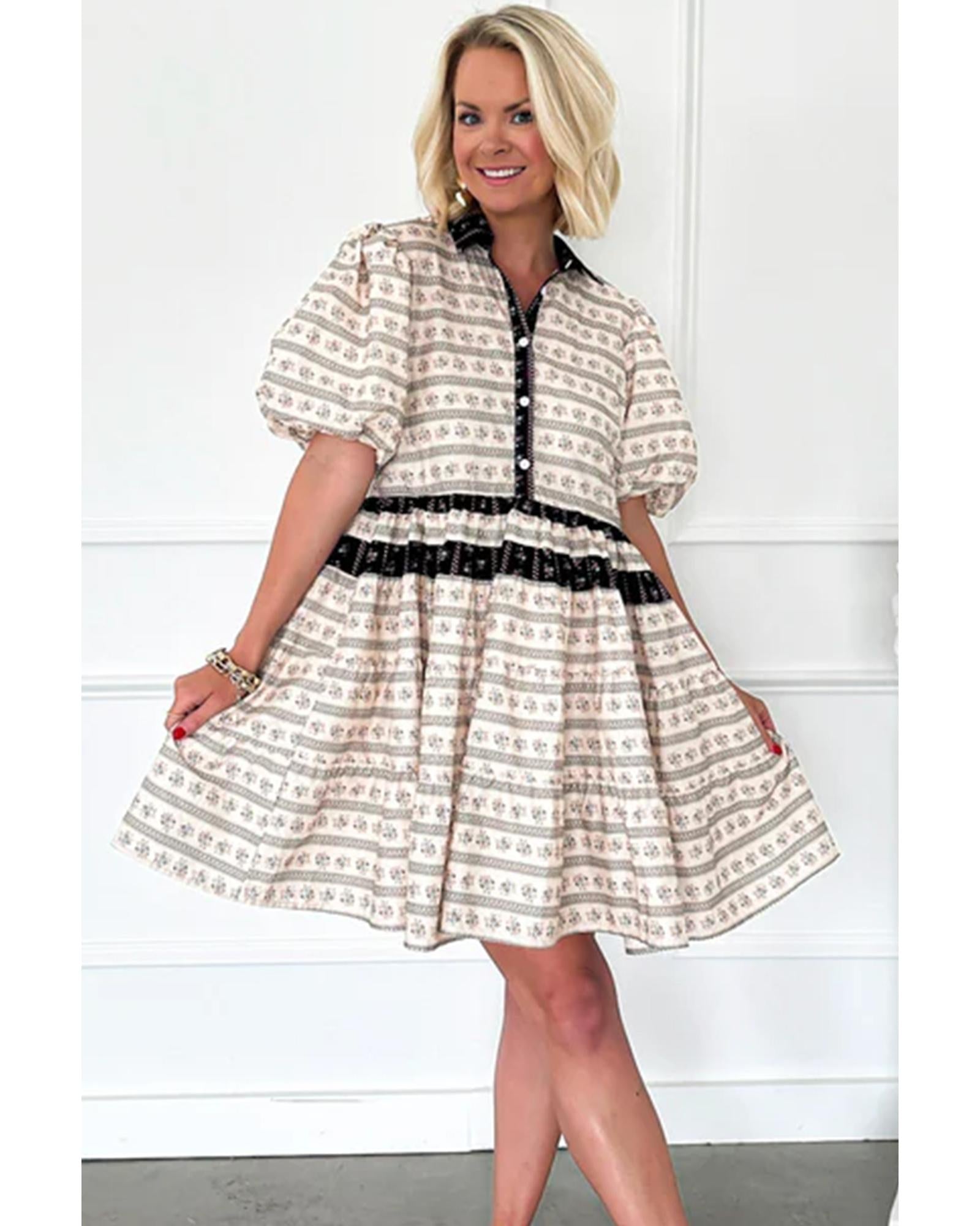 Black Boho Floral Striped Contrast Trim Bubble Sleeve Flared Dress - M 7