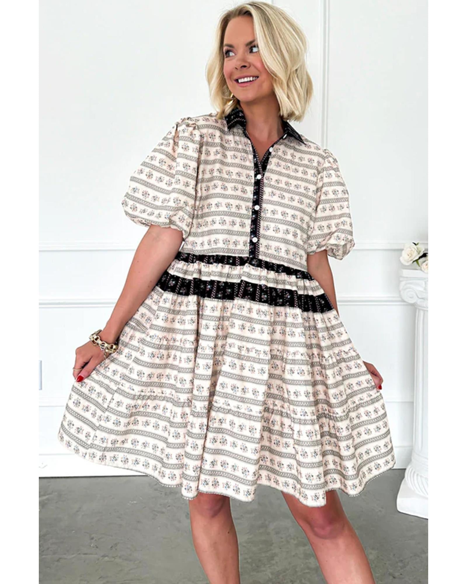 Black Boho Floral Striped Contrast Trim Bubble Sleeve Flared Dress - S