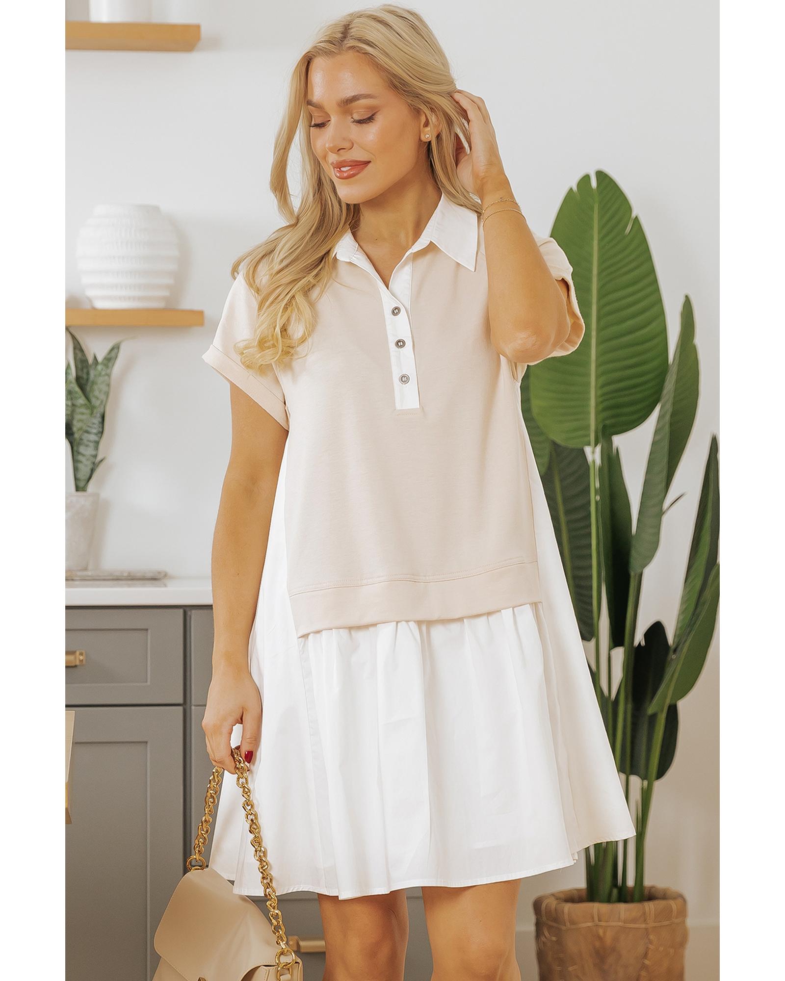 Jet Stream Shirt Collar Buttoned Patchwork Short Sleeve Mini Dress - L 6