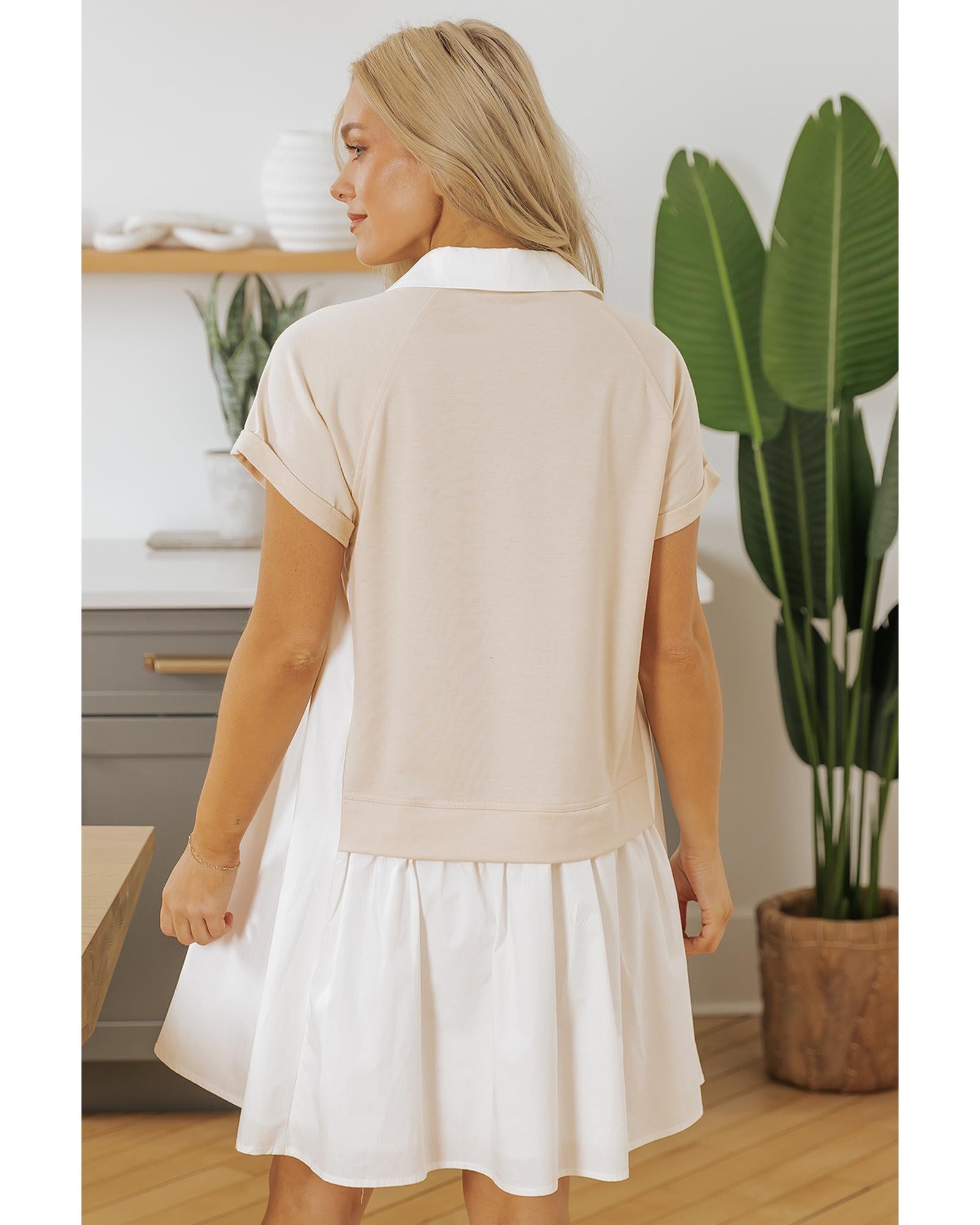 Jet Stream Shirt Collar Buttoned Patchwork Short Sleeve Mini Dress - S