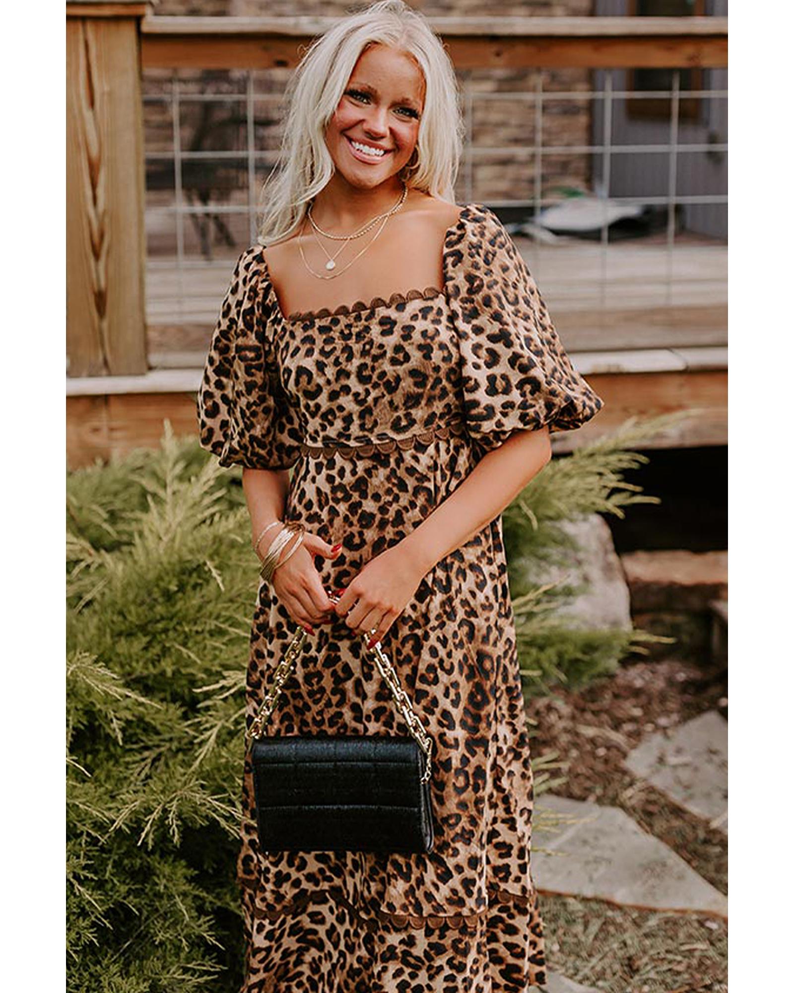 Brown Leopard Print Bubble Sleeve Square Neck Maxi Dress - L 3