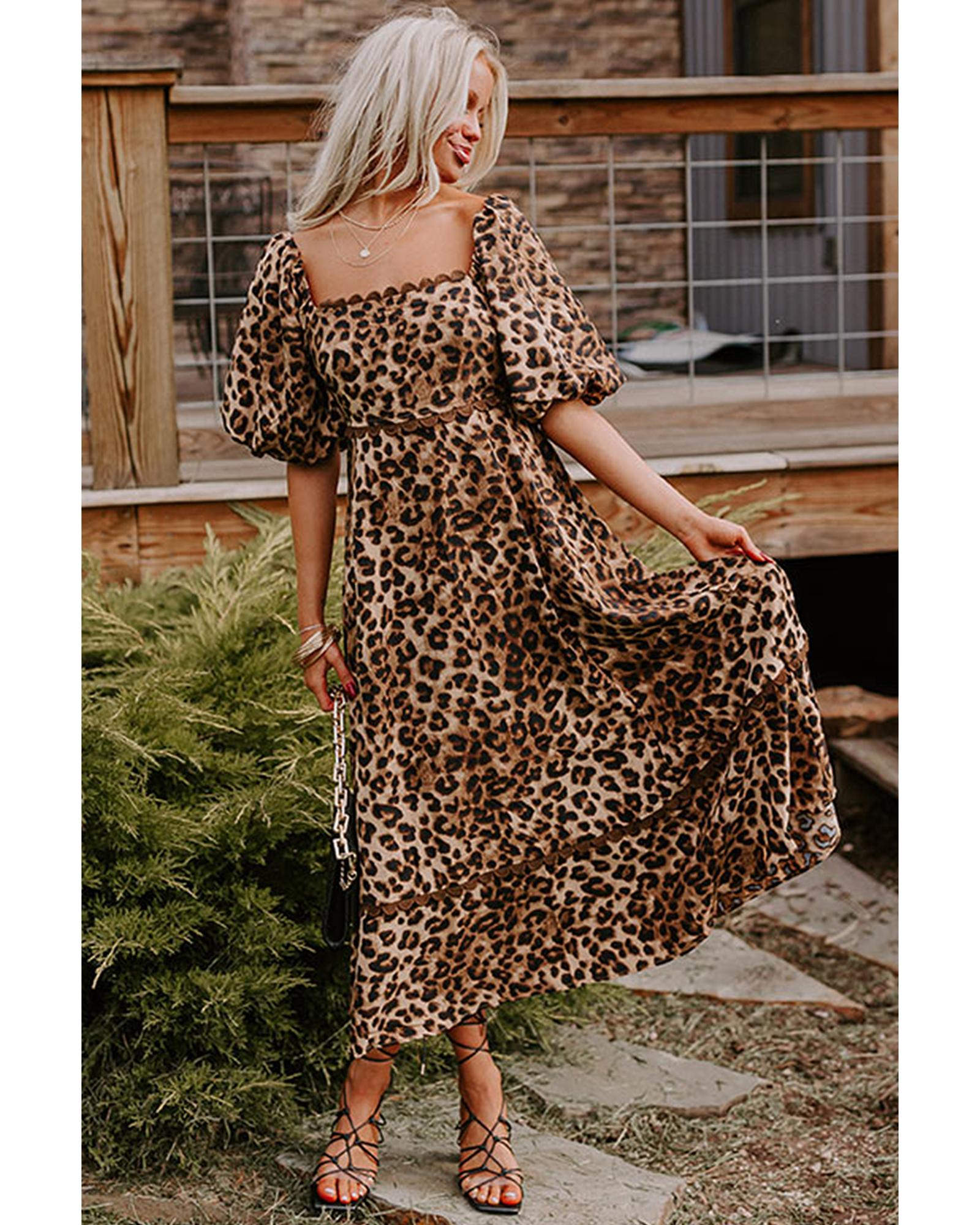 Brown Leopard Print Bubble Sleeve Square Neck Maxi Dress - XL 4