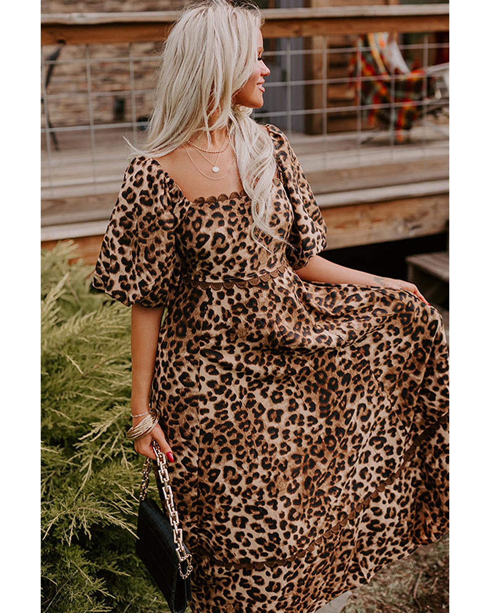 Brown Leopard Print Bubble Sleeve Square Neck Maxi Dress - XL 6